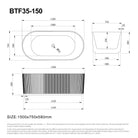 OPAL 1500mm V-Groove Fluted Oval Free Standing Bathtub Gloss White Baths AROVA