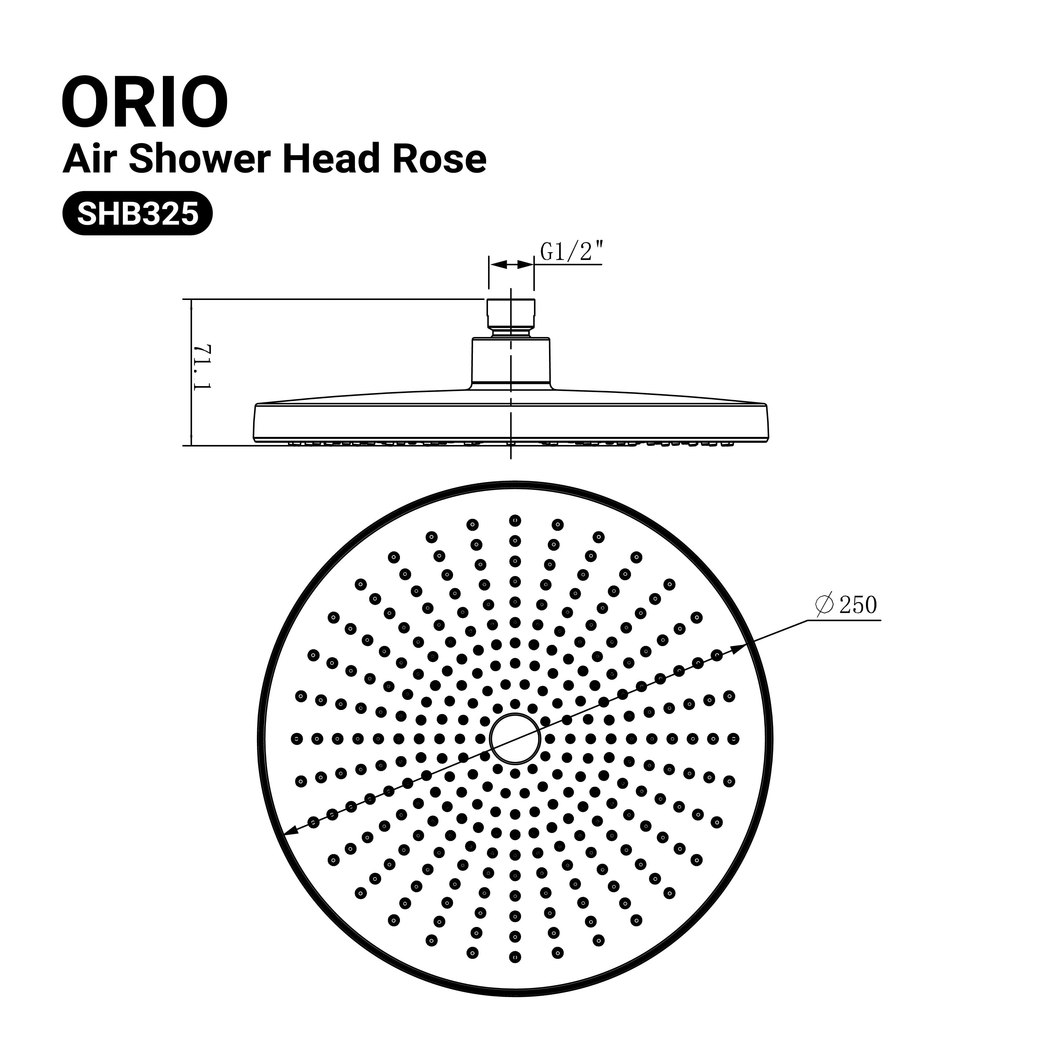 Orio Air Rain Shower Head Rose Matte Black 250mm Showers Arova