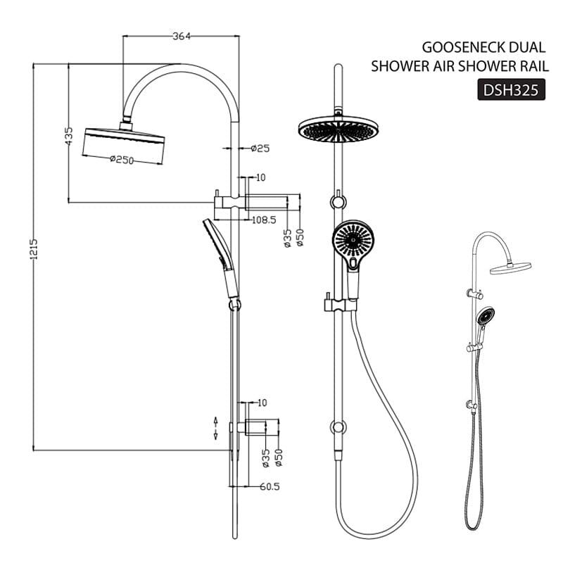 ORIO Round Gooseneck Dual Shower Air Shower Rail Chrome Showers Arova