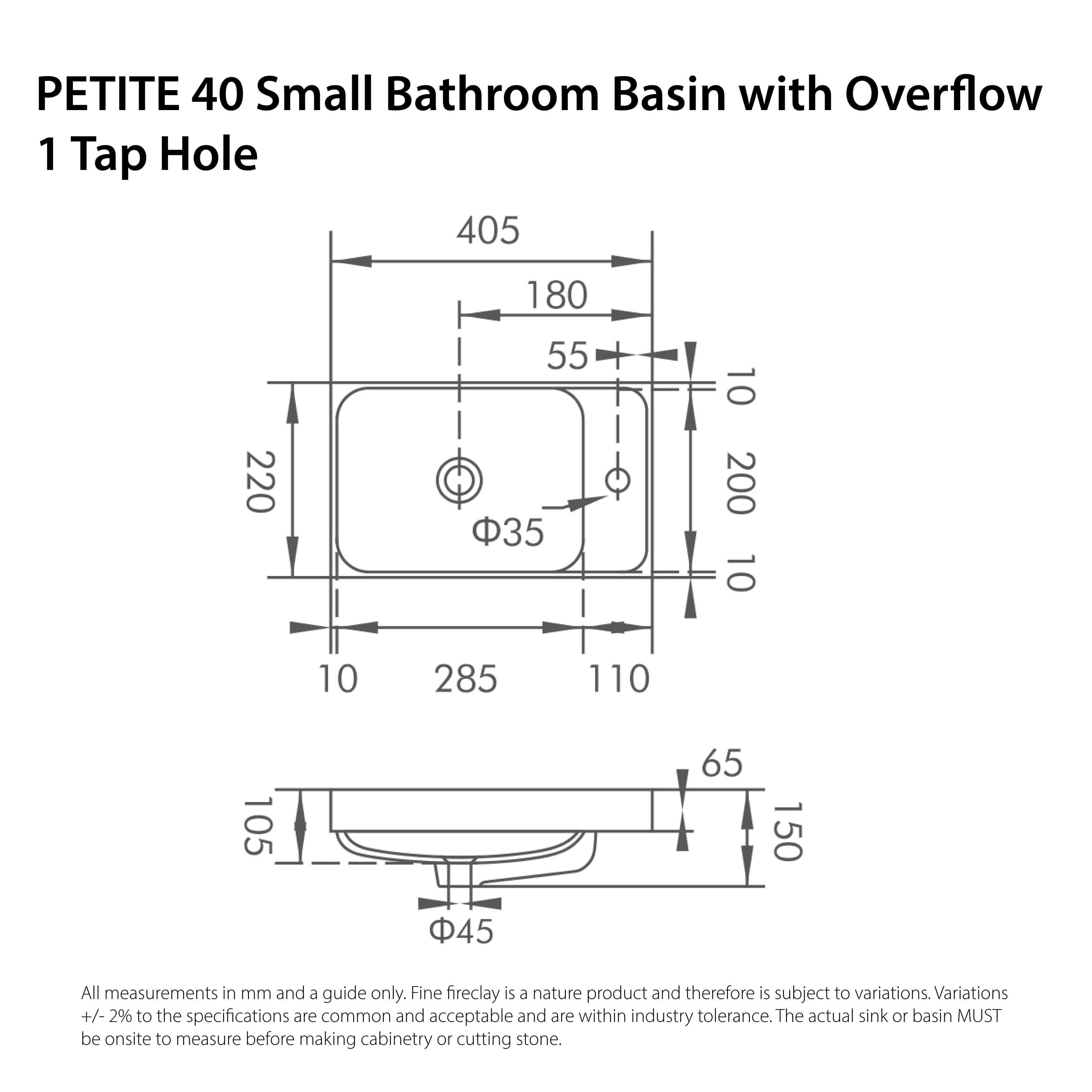 Petite 40 Small Bathroom Basin with Overflow 1 Tap Hole Gloss White Basins Arova