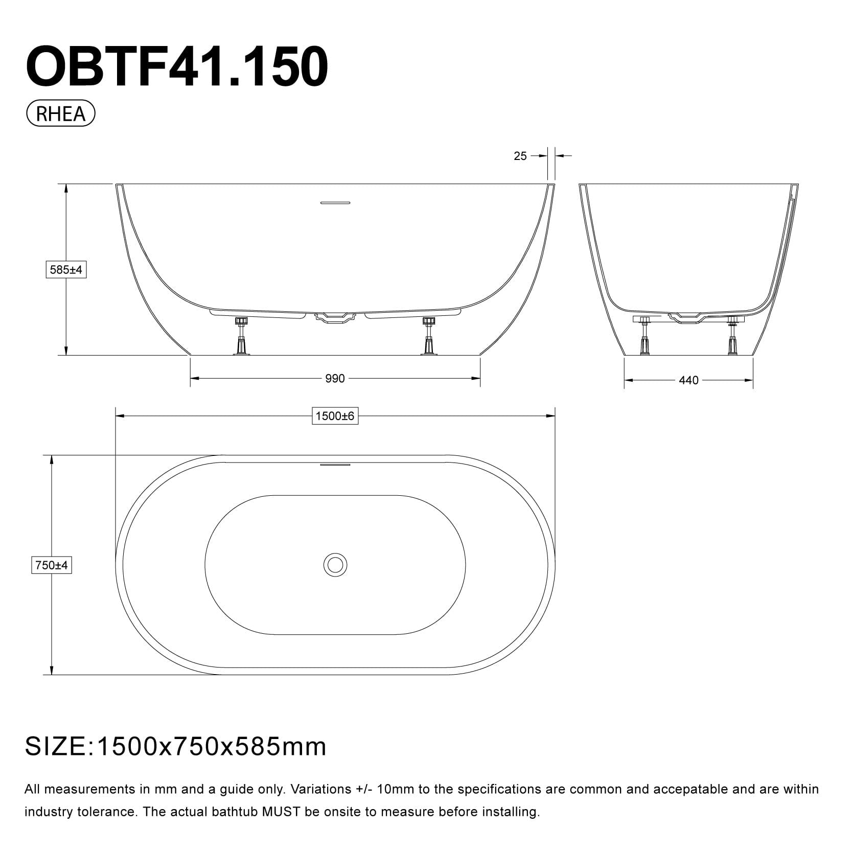 Rhea 1500mm Oval Freestanding Bathtub Acrylic Gloss White Baths Arova
