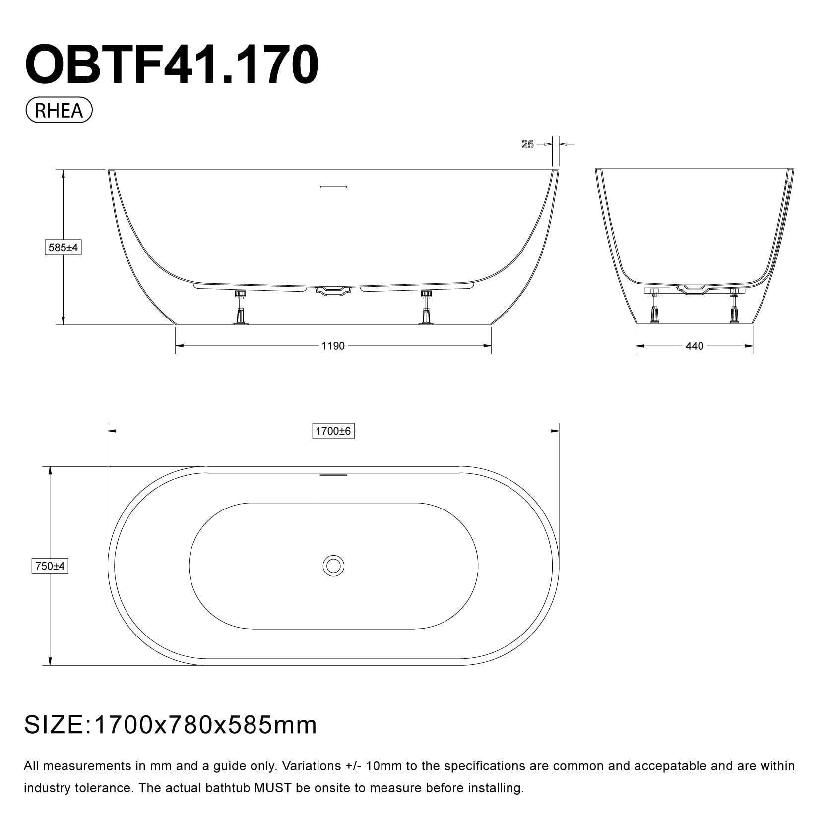 Rhea 1700mm Freestanding Bath with Overflow Acrylic Gloss White Baths Arova