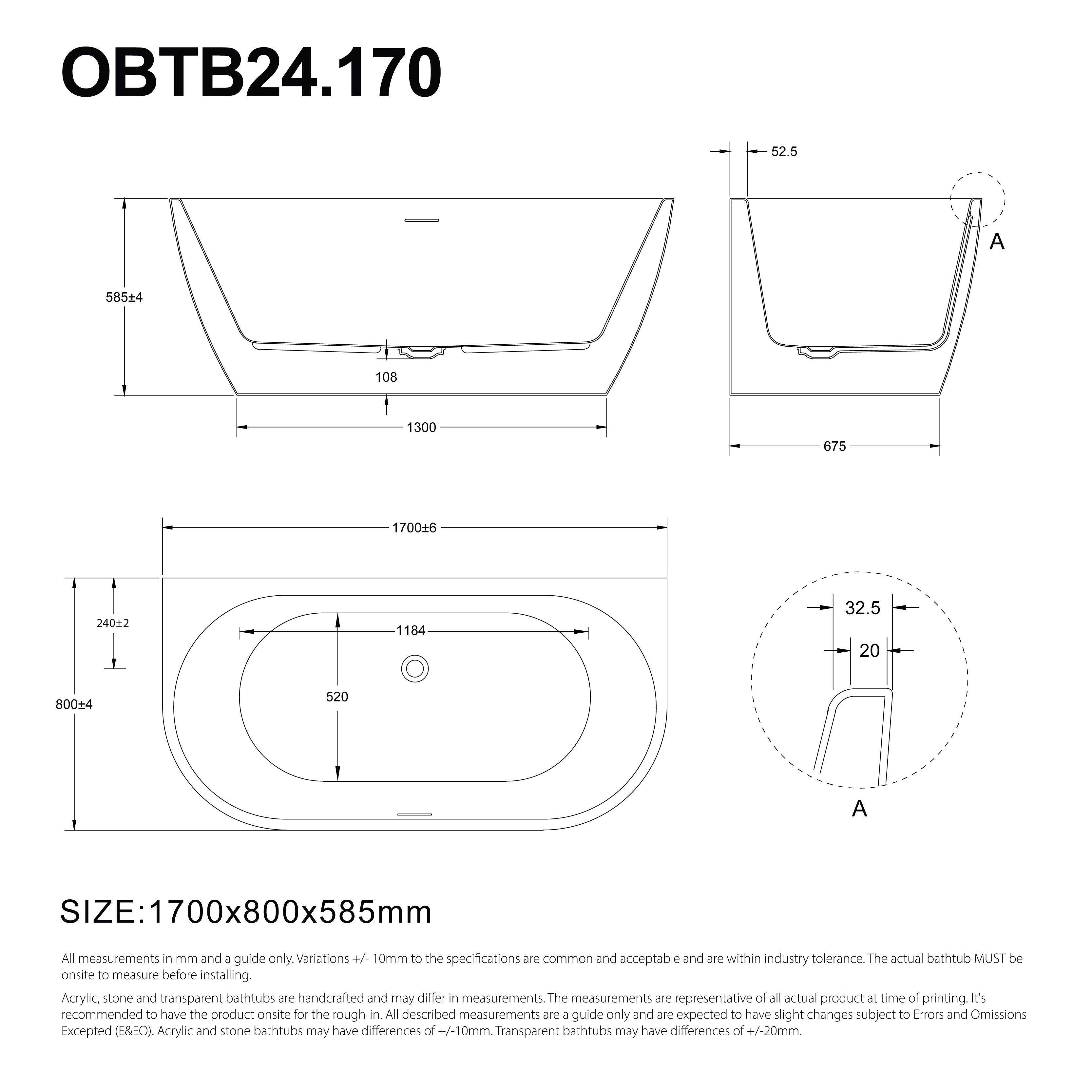 Rina 1700mm Oval Freestanding Bath with Overflow Gloss White Baths Arova