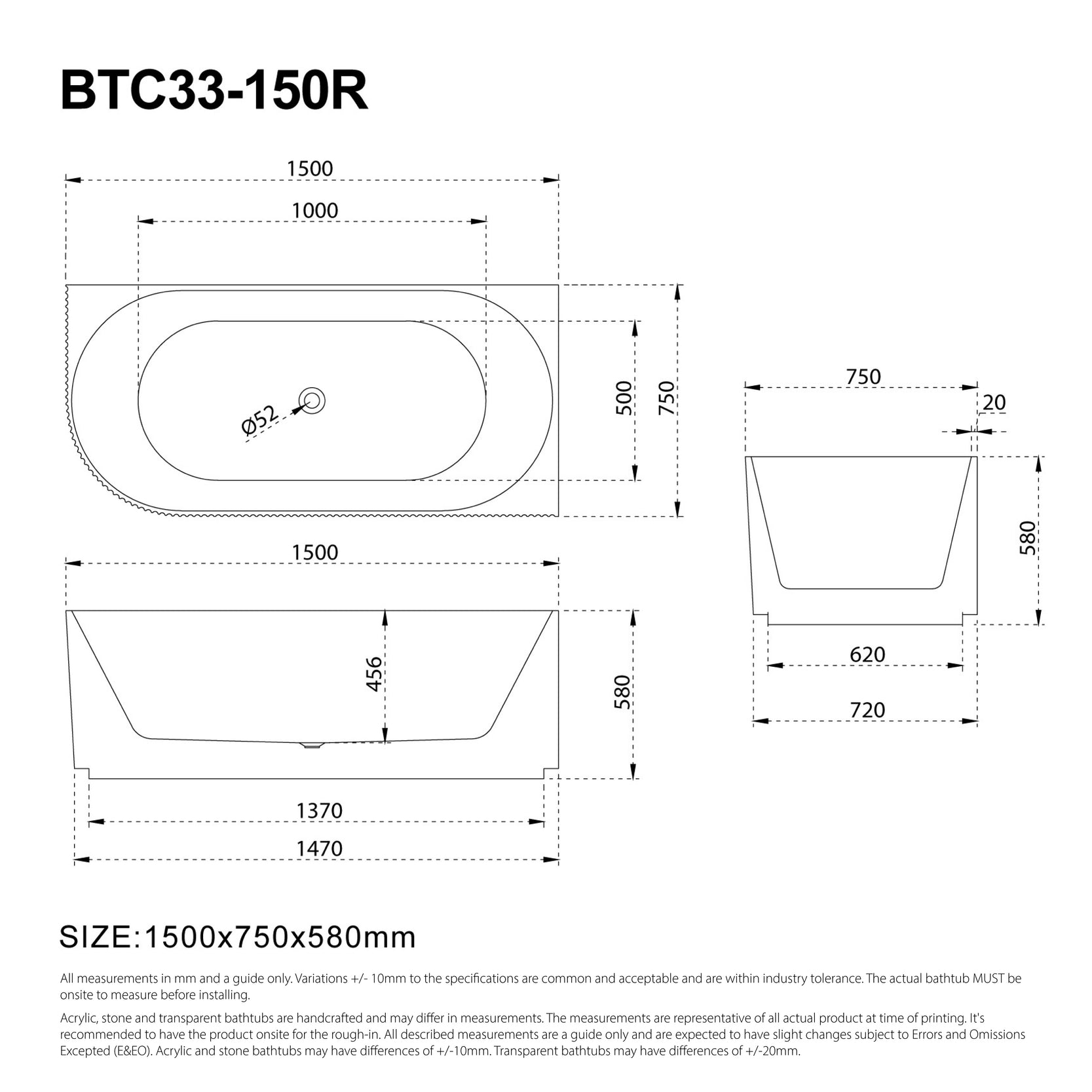 RORY 1500mm V-Groove Fluted Right Corner Free Standing Bathtub Gloss White Baths AROVA