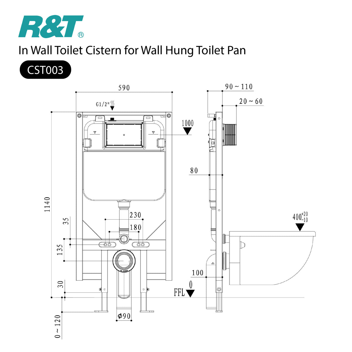 R&T In Wall Cistern and Frame for Wall Hung Toilet Pan Toilets R&T
