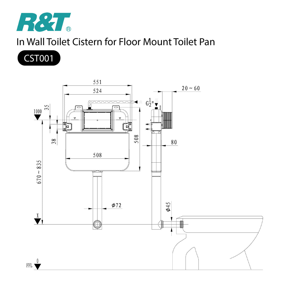 R&T In Wall Toilet Cistern for Floor Mount Toilet Pan Toilets R&T