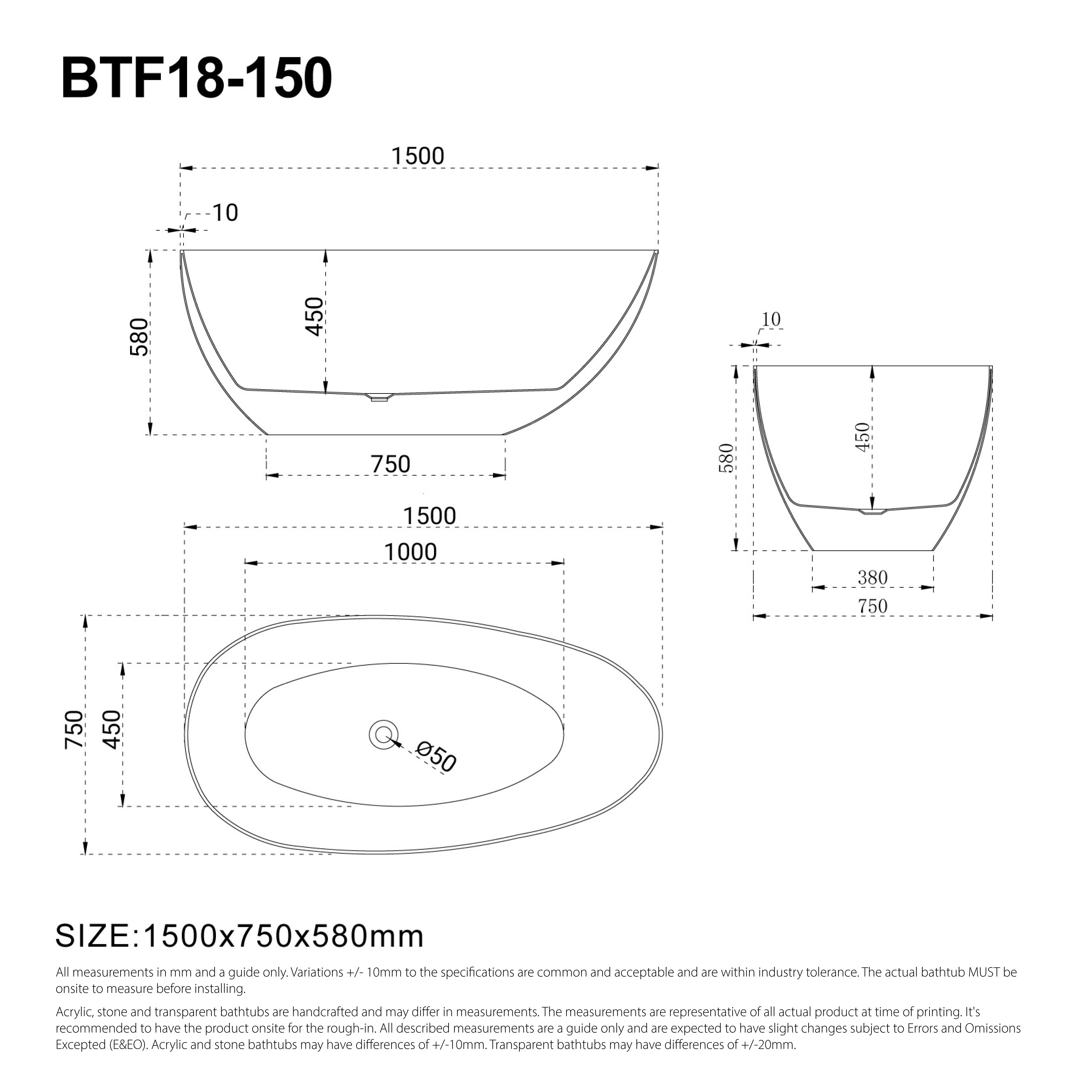 RUBI 1500mm Egg Shape Oval Freestanding Bath Gloss White Baths AROVA