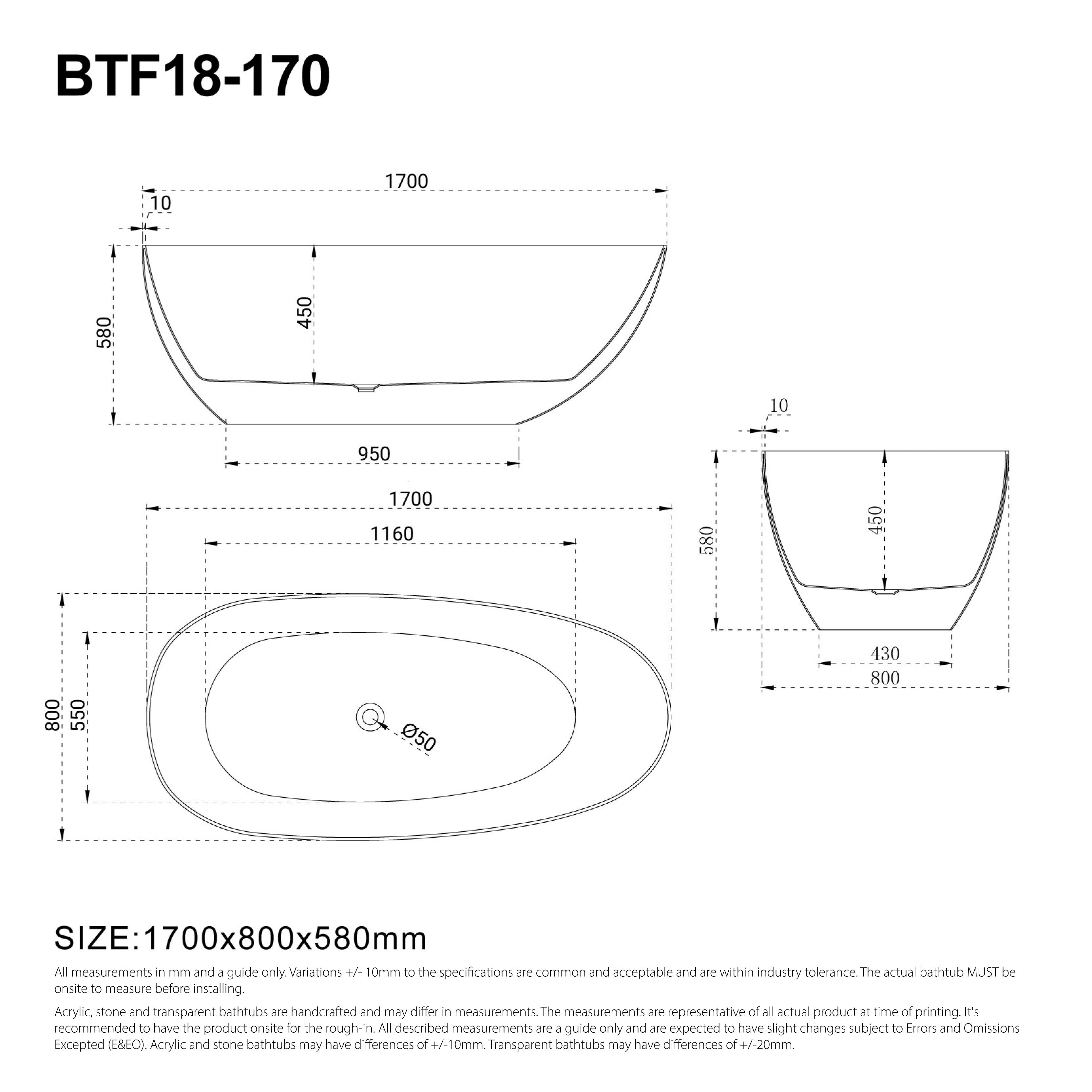 RUBI 1700mm Egg Shape Oval Freestanding Bath Matte White Baths AROVA