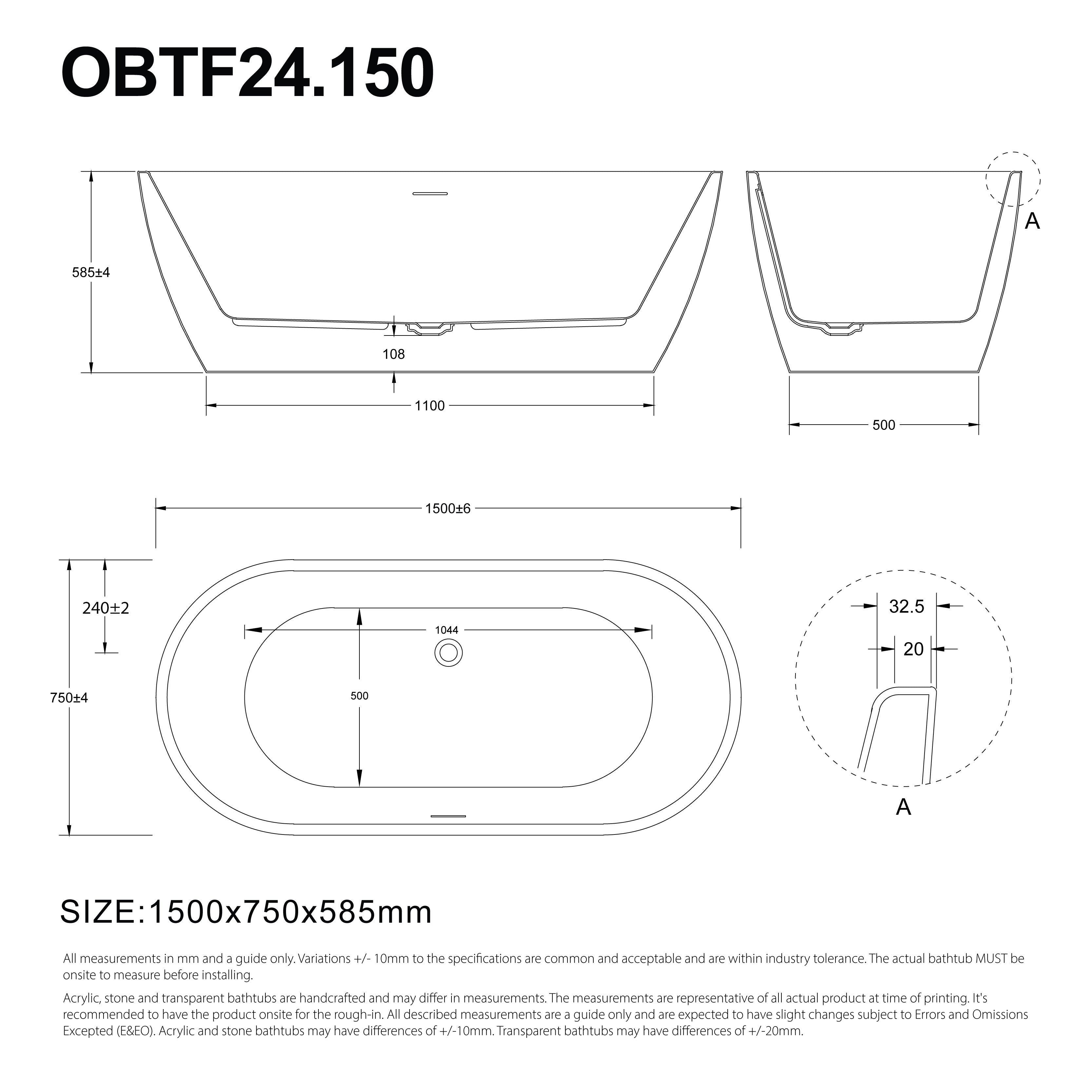 Sera 1500mm Oval Freestanding Bath with Overflow Gloss White Baths Arova