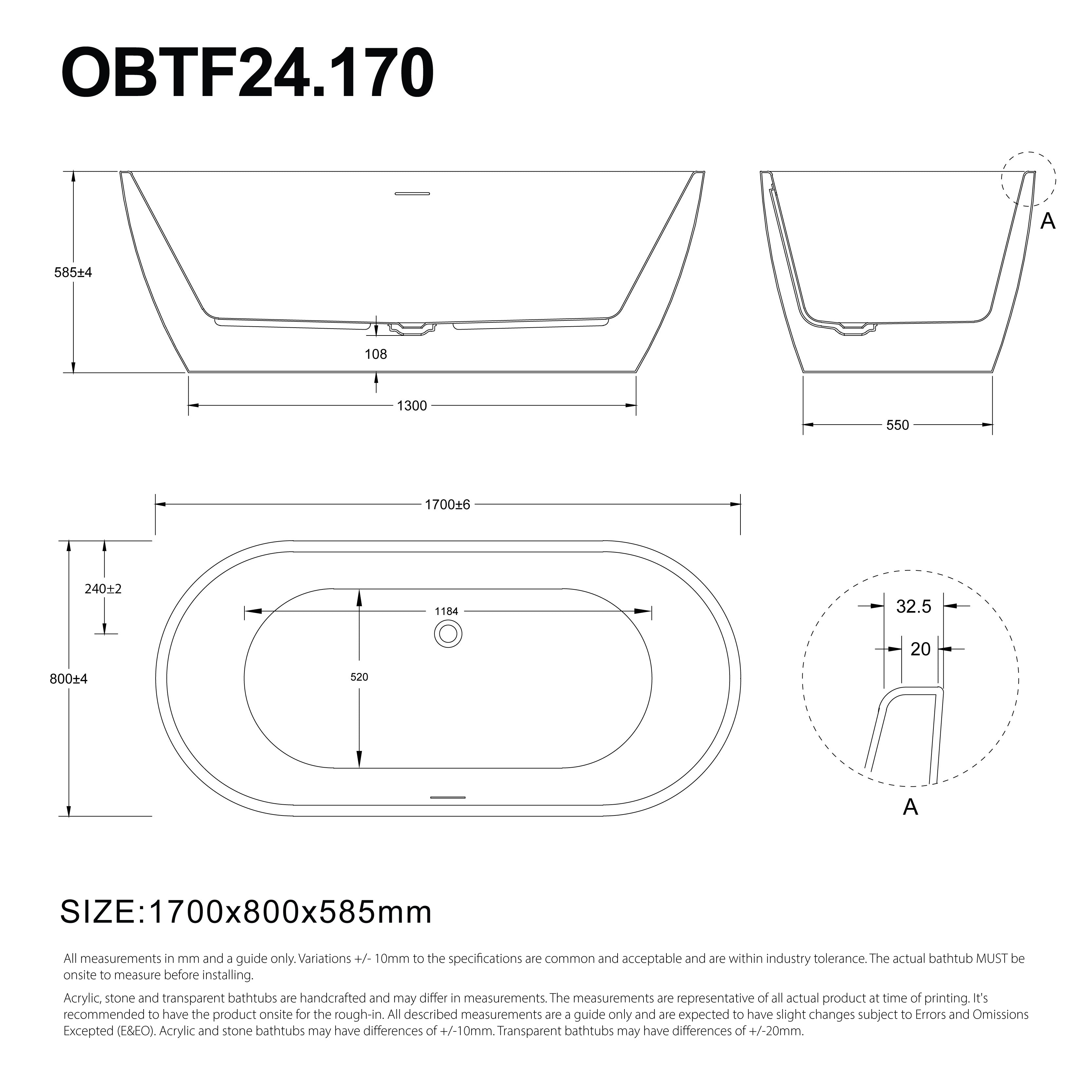 Sera 1700mm Oval Freestanding Bath with Overflow Gloss White Baths Arova