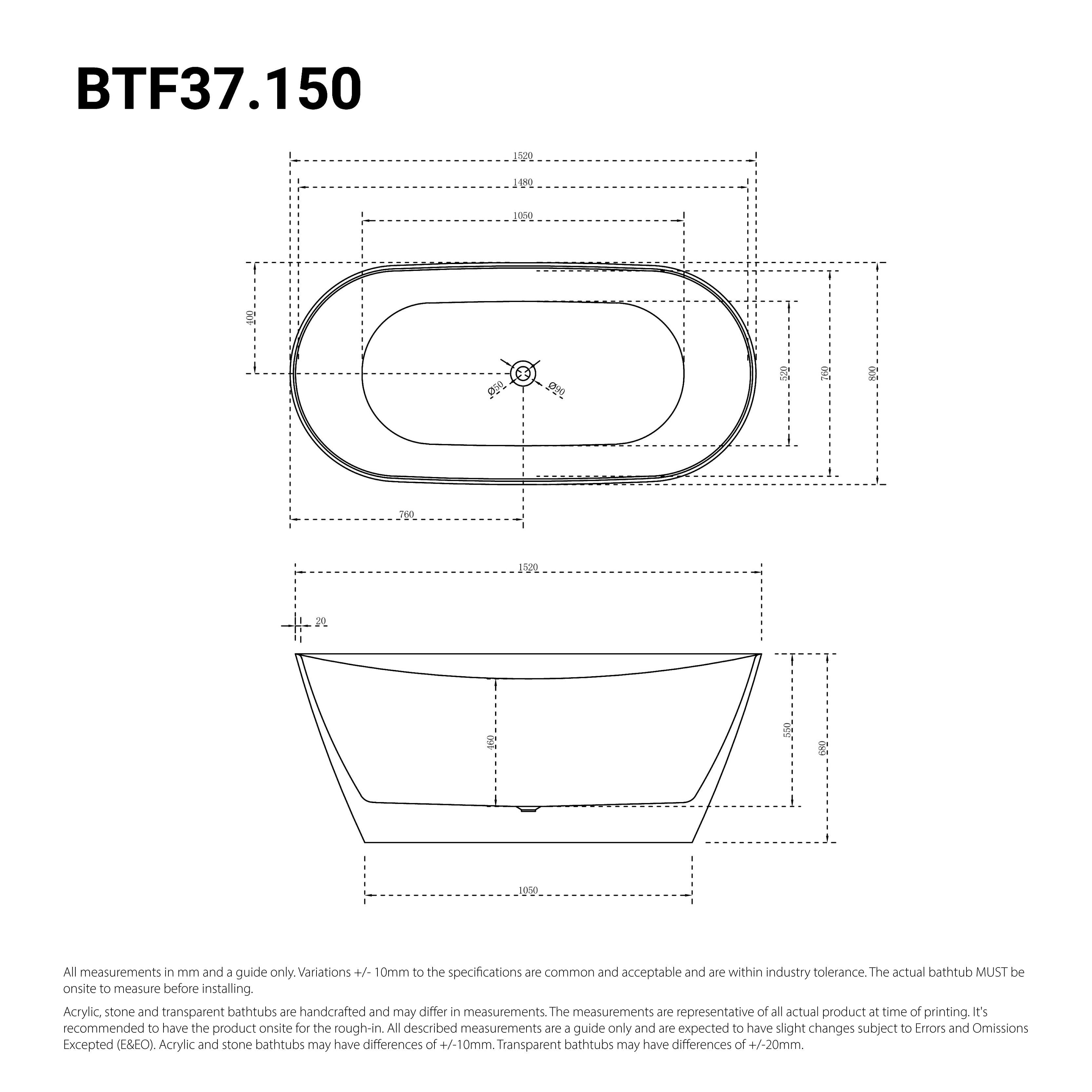 Serene 1500mm Freestanding Bathtub Gloss White Baths Arova