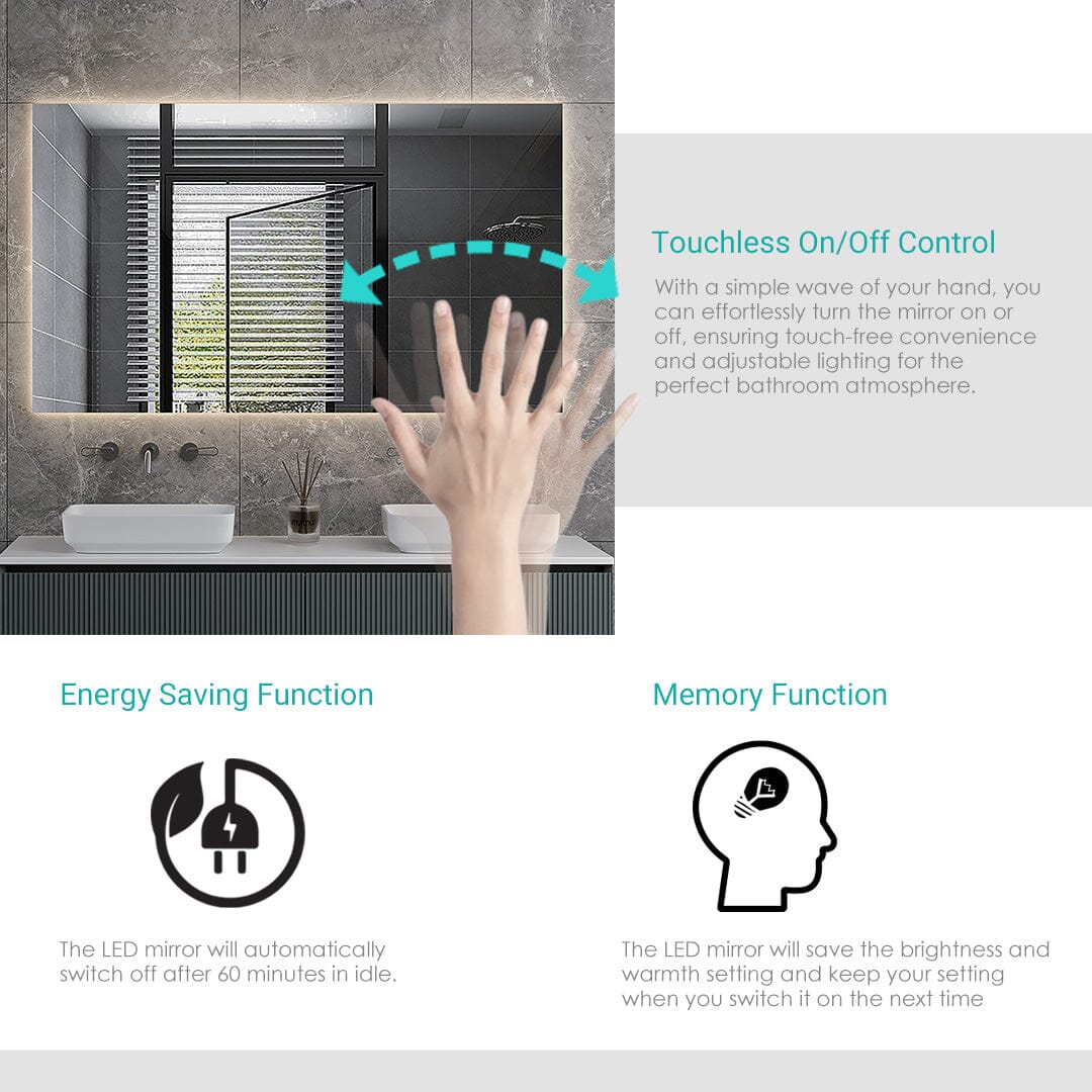 Sol Frameless 900mmx700mm Anti-Fog Dimmable Led Bathroom Mirror Rectangular LED Mirror Arova