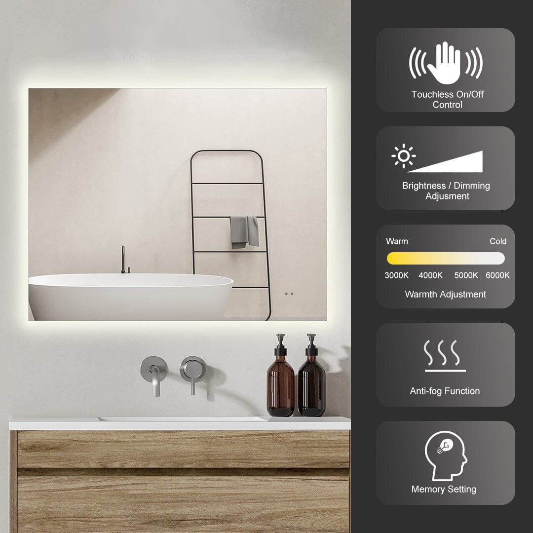 Sol Frameless 900mmx700mm Anti-Fog Dimmable Led Bathroom Mirror Rectangular LED Mirror Arova