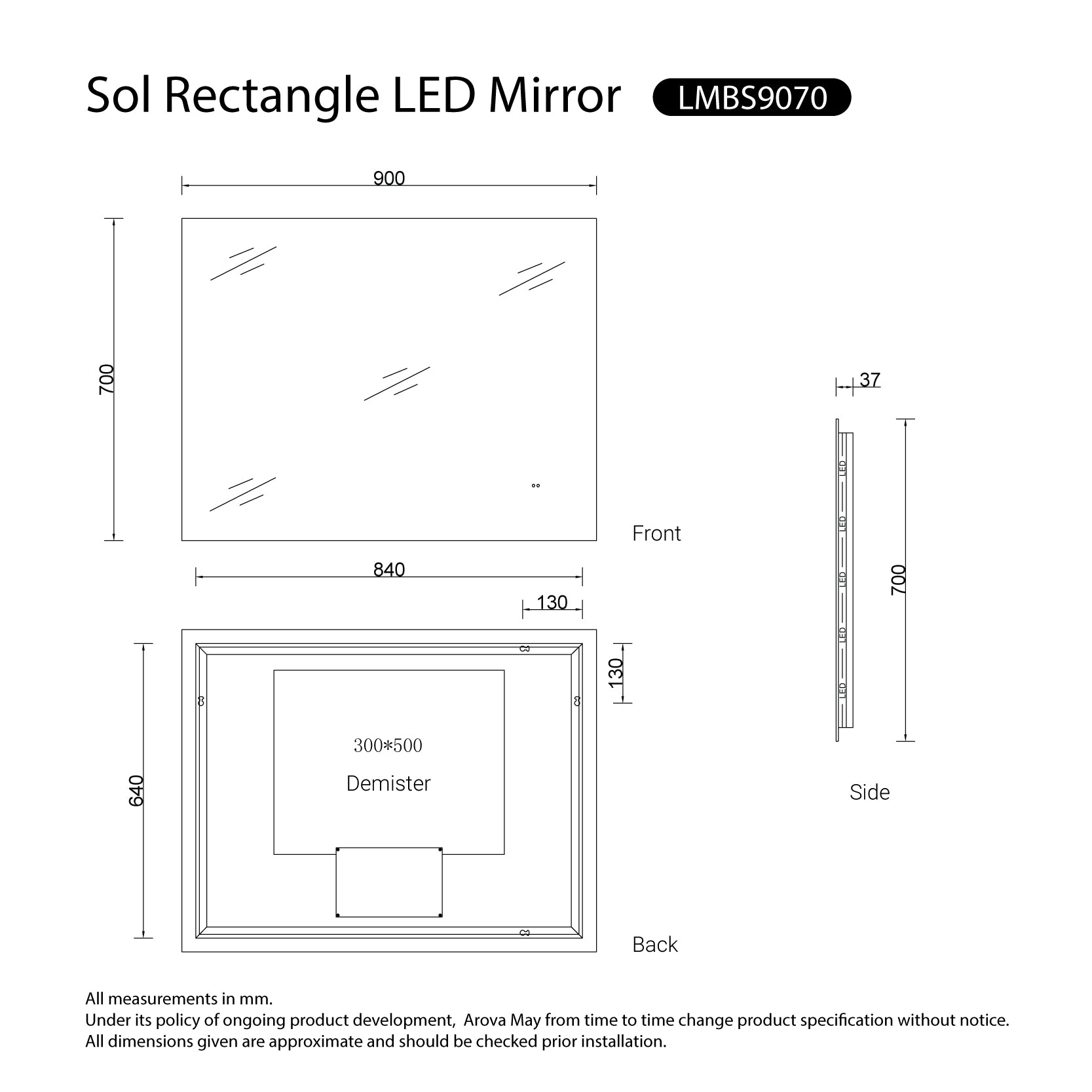 Sol Frameless Anti-Fog Dimmable Led Bathroom Mirror Rectangular 900mmx700mm LED Mirror Arova