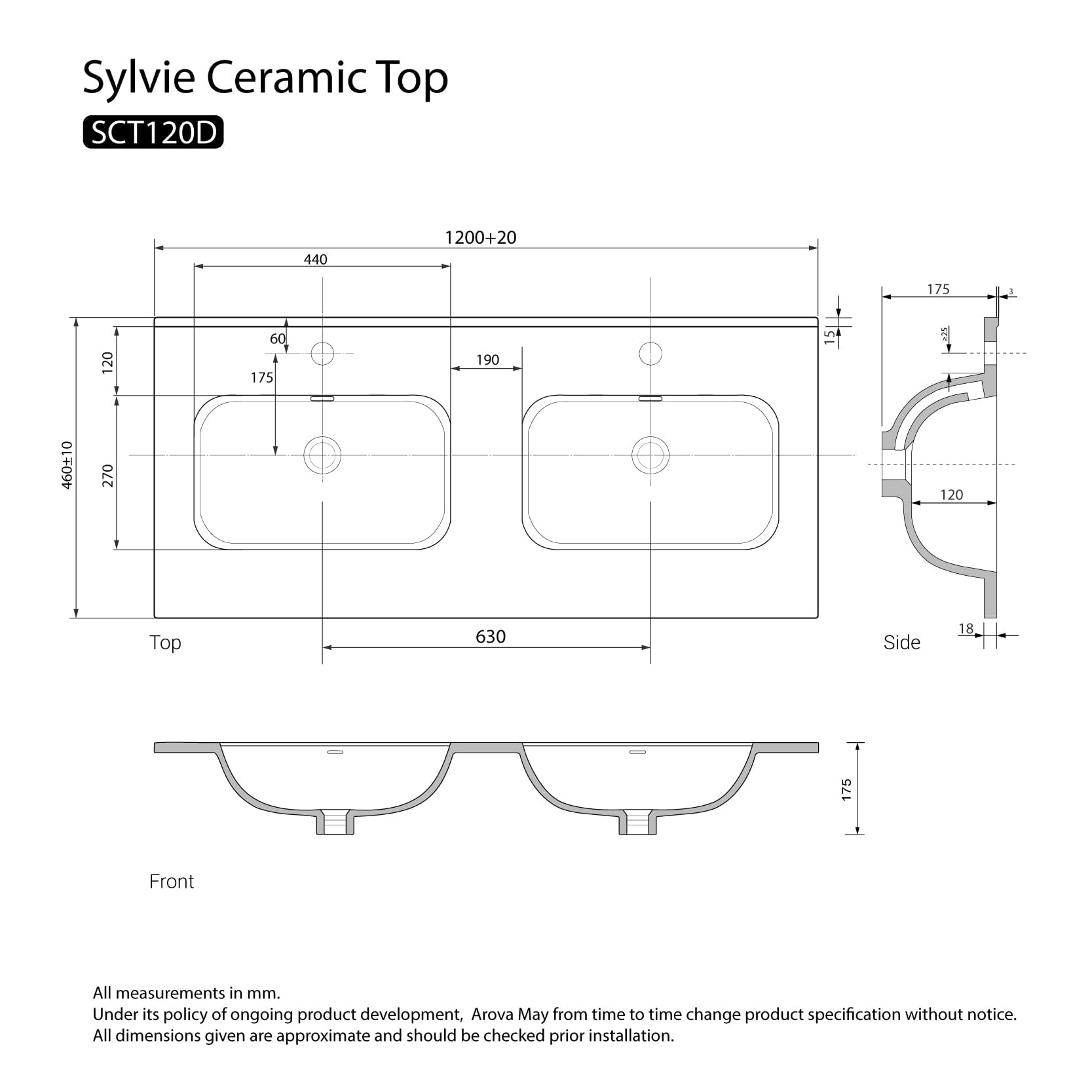 Sylvie 1200mm Ceramic Vanity Top Double Bowl Vanity Top Arova
