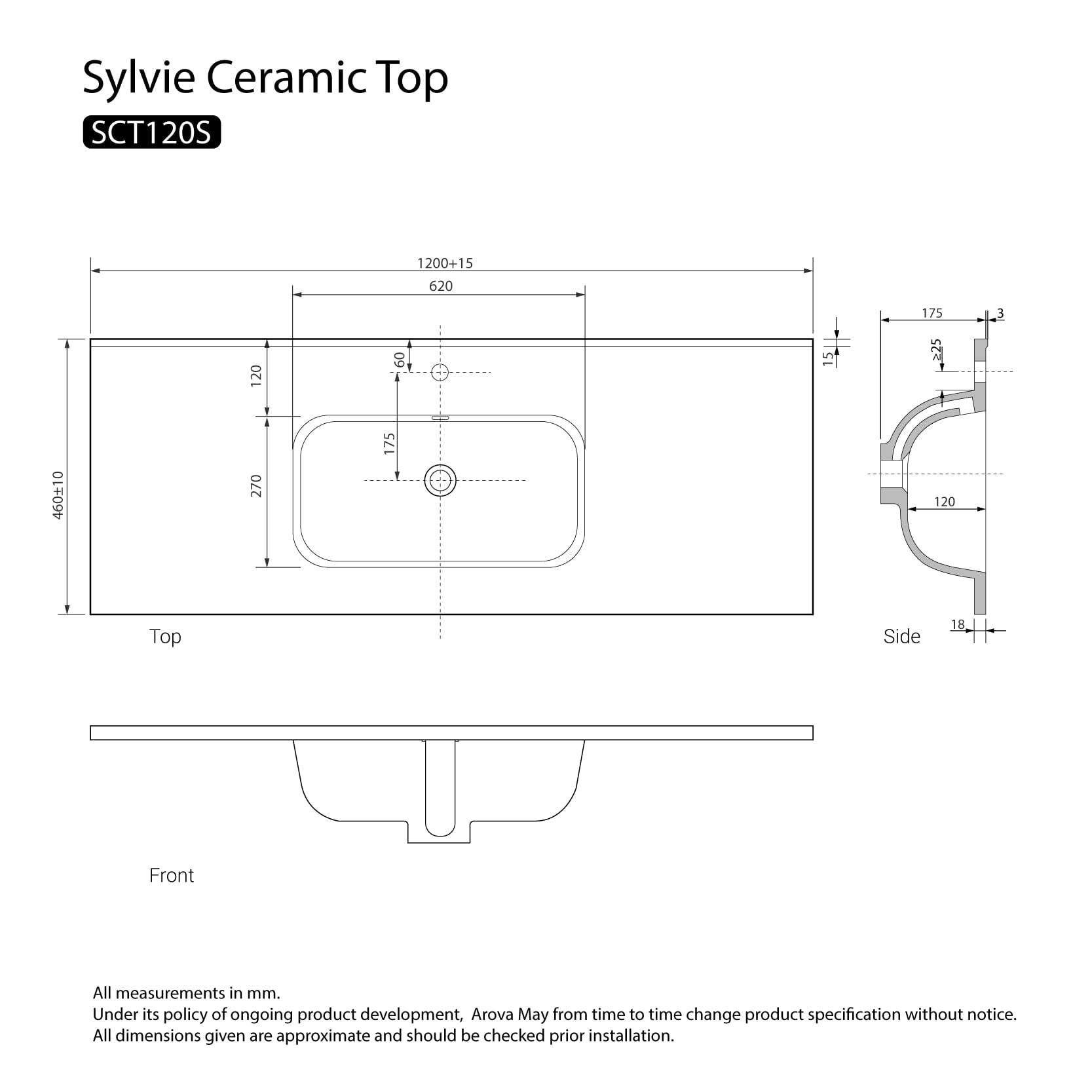Sylvie 1200mm Ceramic Vanity Top Single Bowl Vanity Top Arova