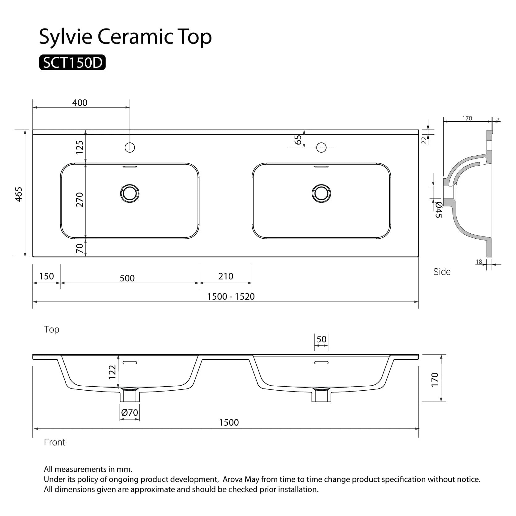 Sylvie 1500mm Ceramic Vanity Top Double Bowl Vanity Top Arova