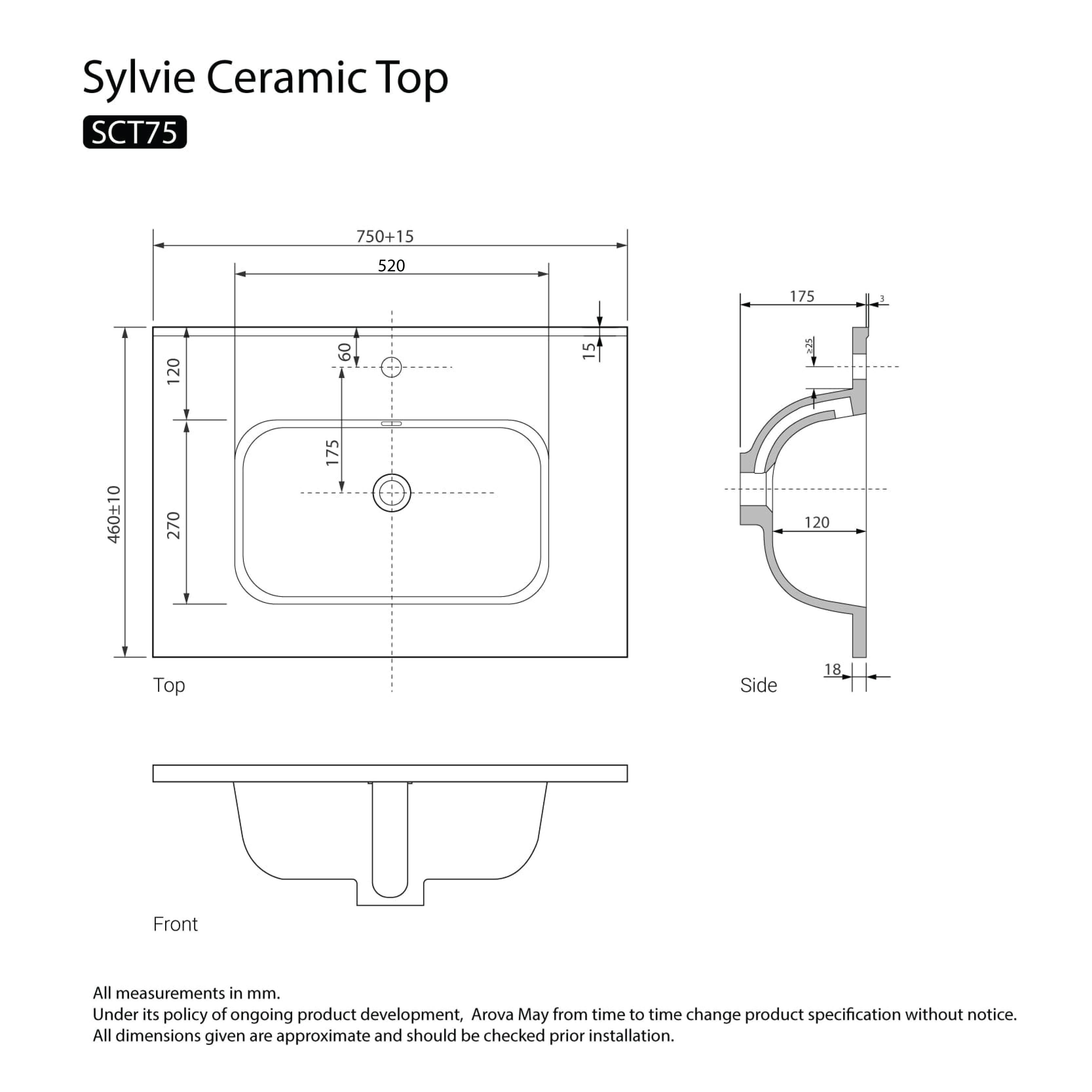 Sylvie 750mm Ceramic Vanity Top Vanity Top Arova