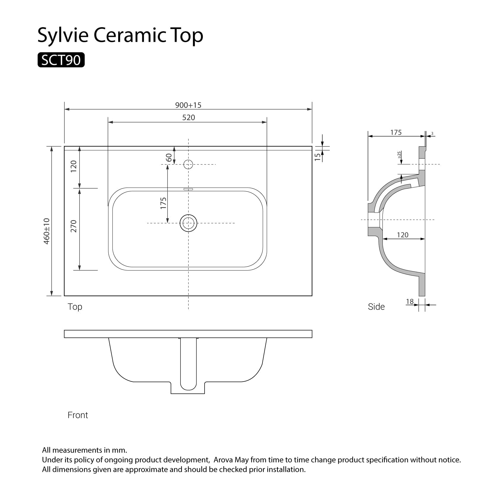 Sylvie 900mm Ceramic Vanity Top Vanity Top Arova
