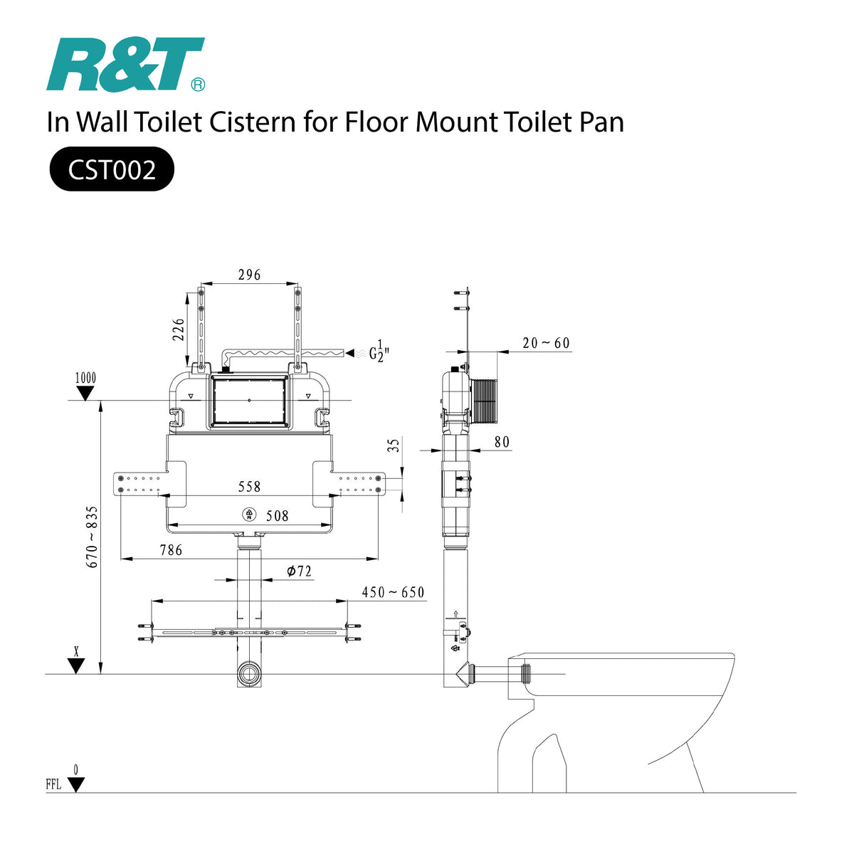 Upgraded Reinforced R&T In Wall Toilet Cistern for Floor Mount Toilet Pan Toilets R&T