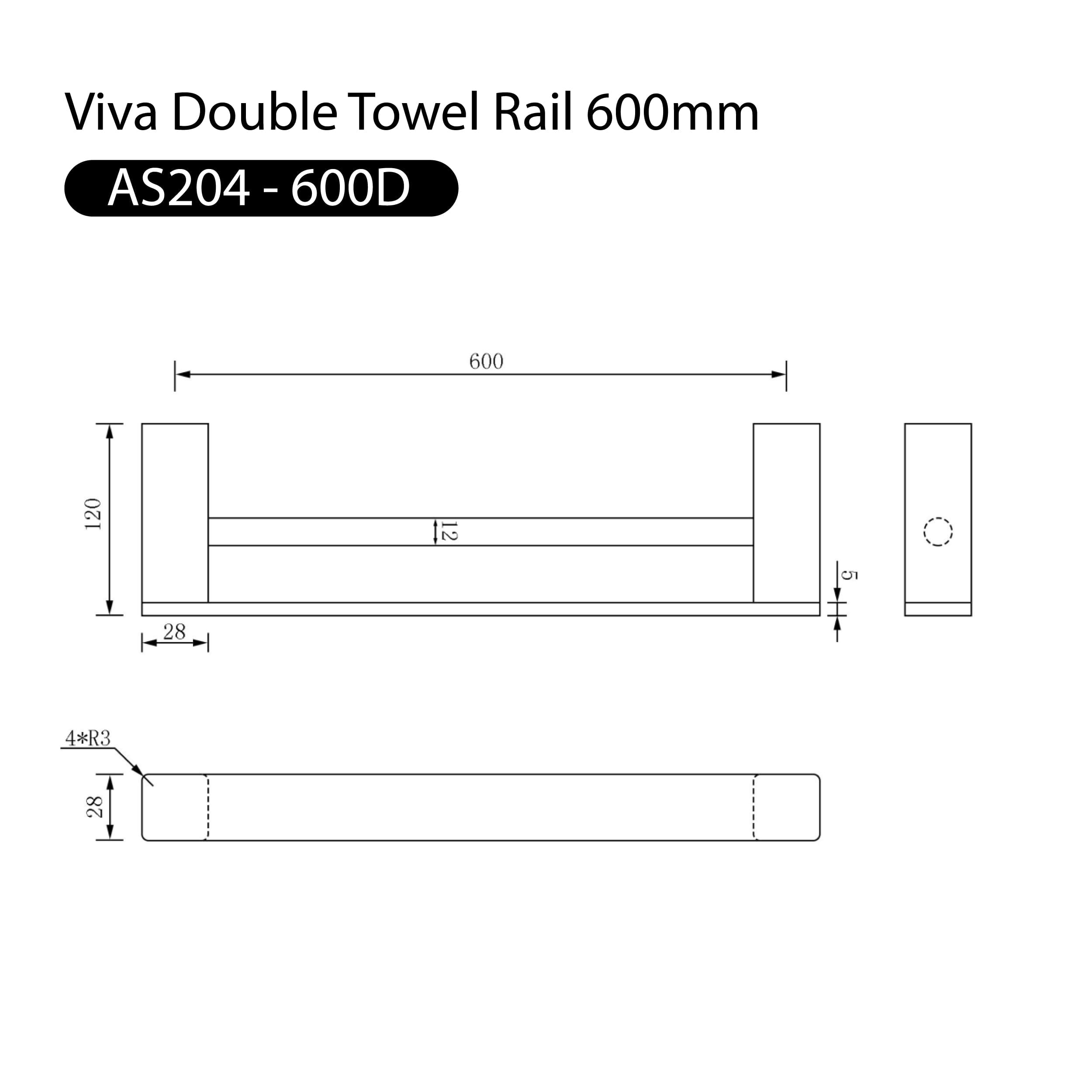 Viva Double Towel Rail 600mm Matte Black Accessories Arova