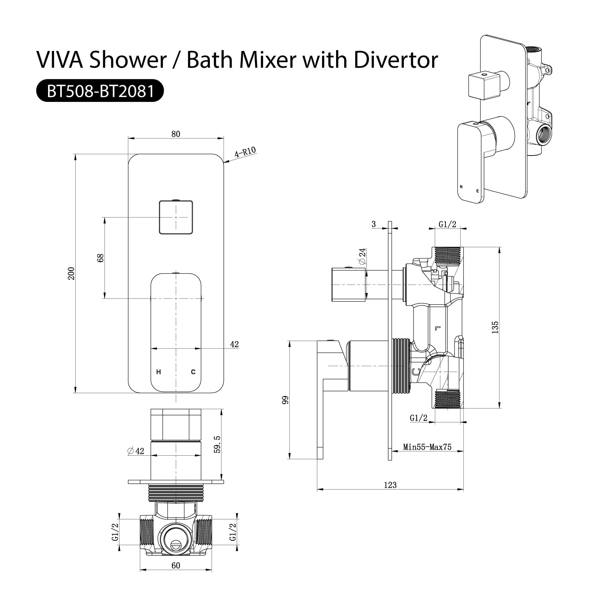 VIVA Shower / Bath Mixer with Divertor Gunmetal Lead Free Arova