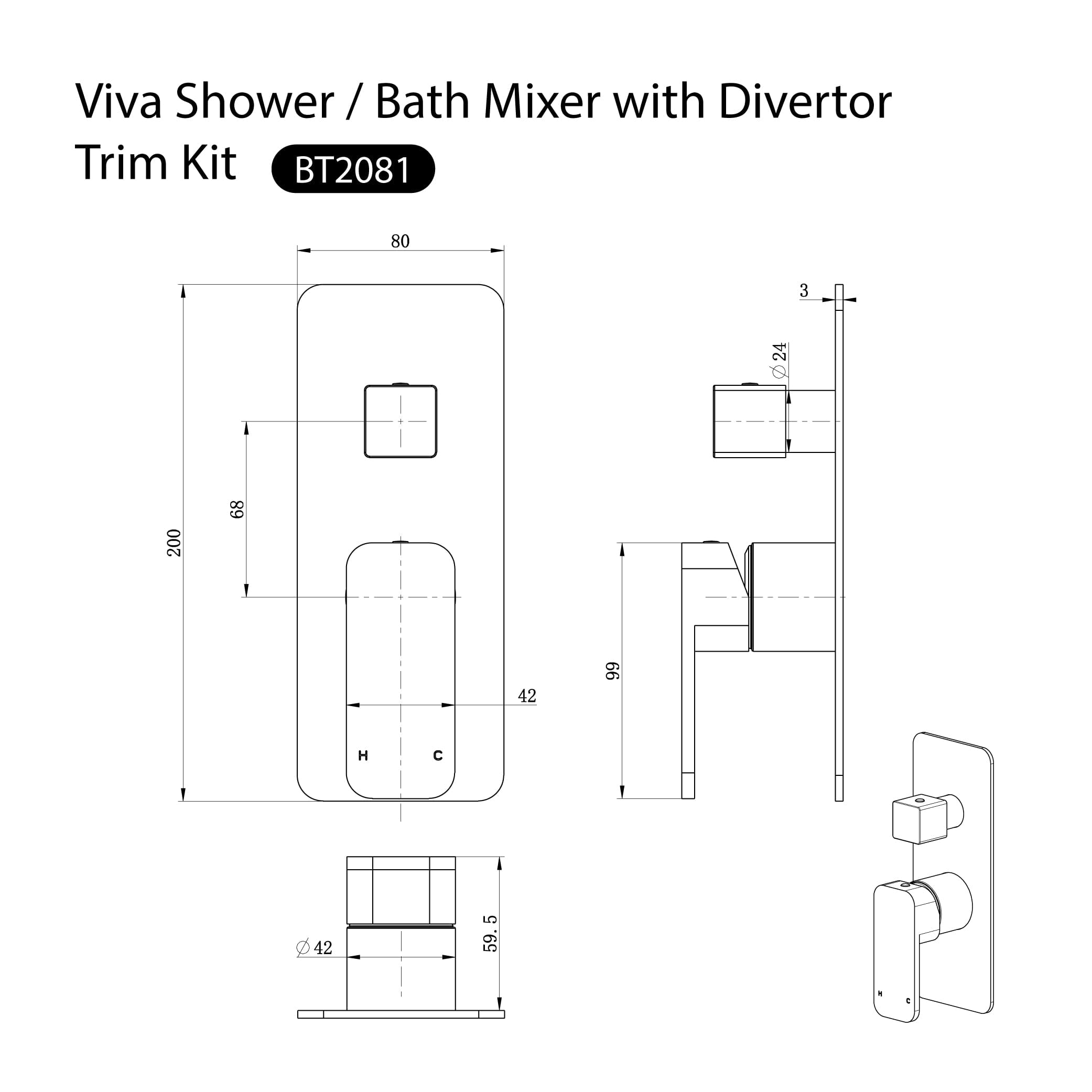 VIVA Shower / Bath Mixer with Divertor Trim Kit Brushed Gold - BT2081BG Tapware Arova