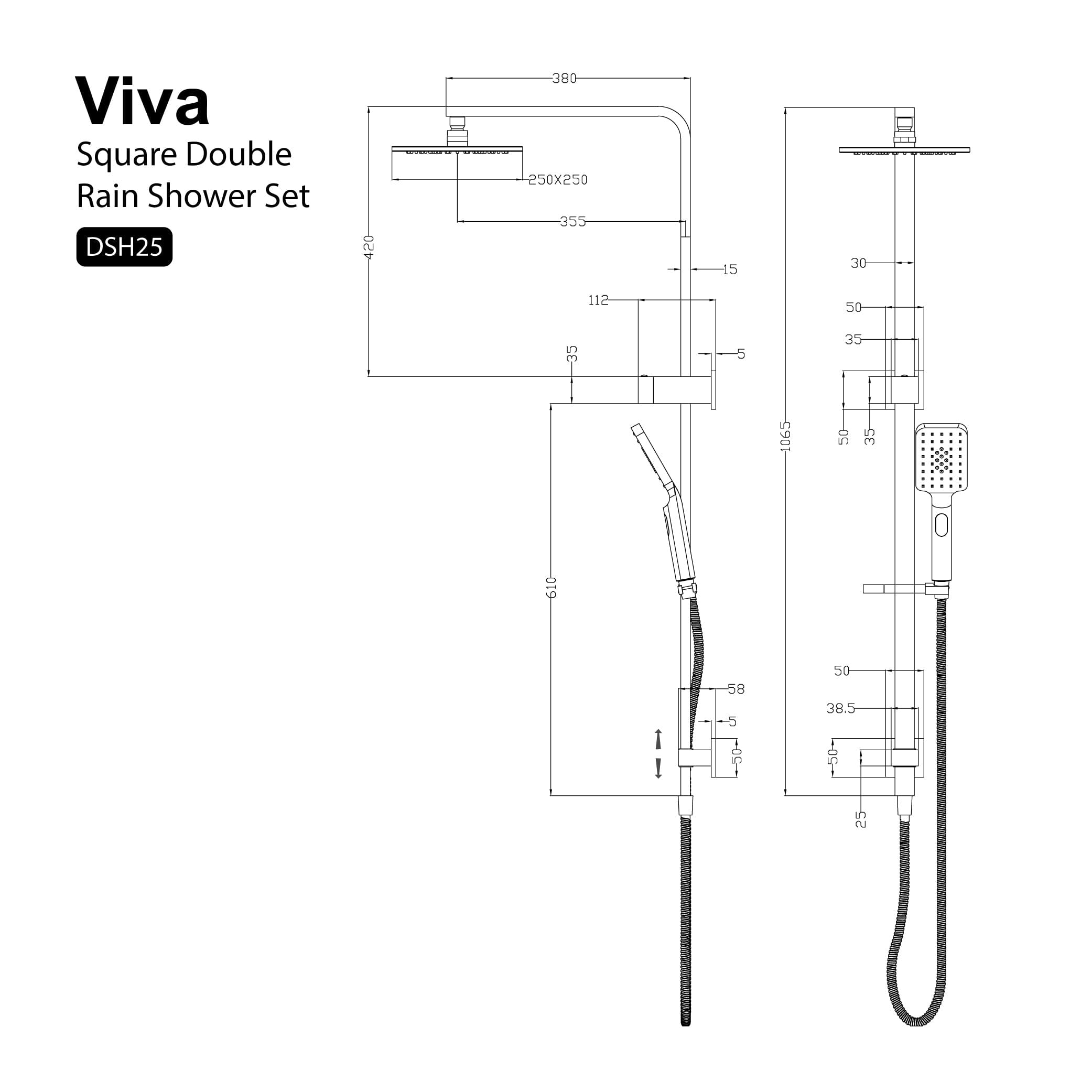 VIVA Square 10" Twin Shower Rail Set Matte Black DSH25MB Showers Arova