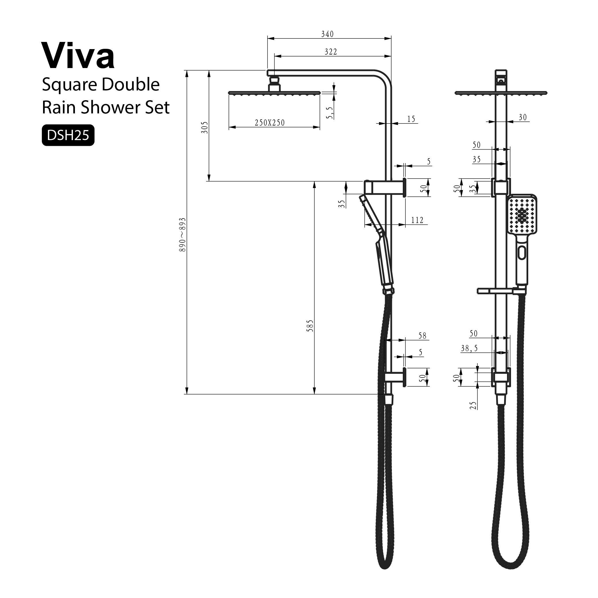 VIVA Square 10" Twin Shower Rail Set Matte Black DSH25MB Showers Arova