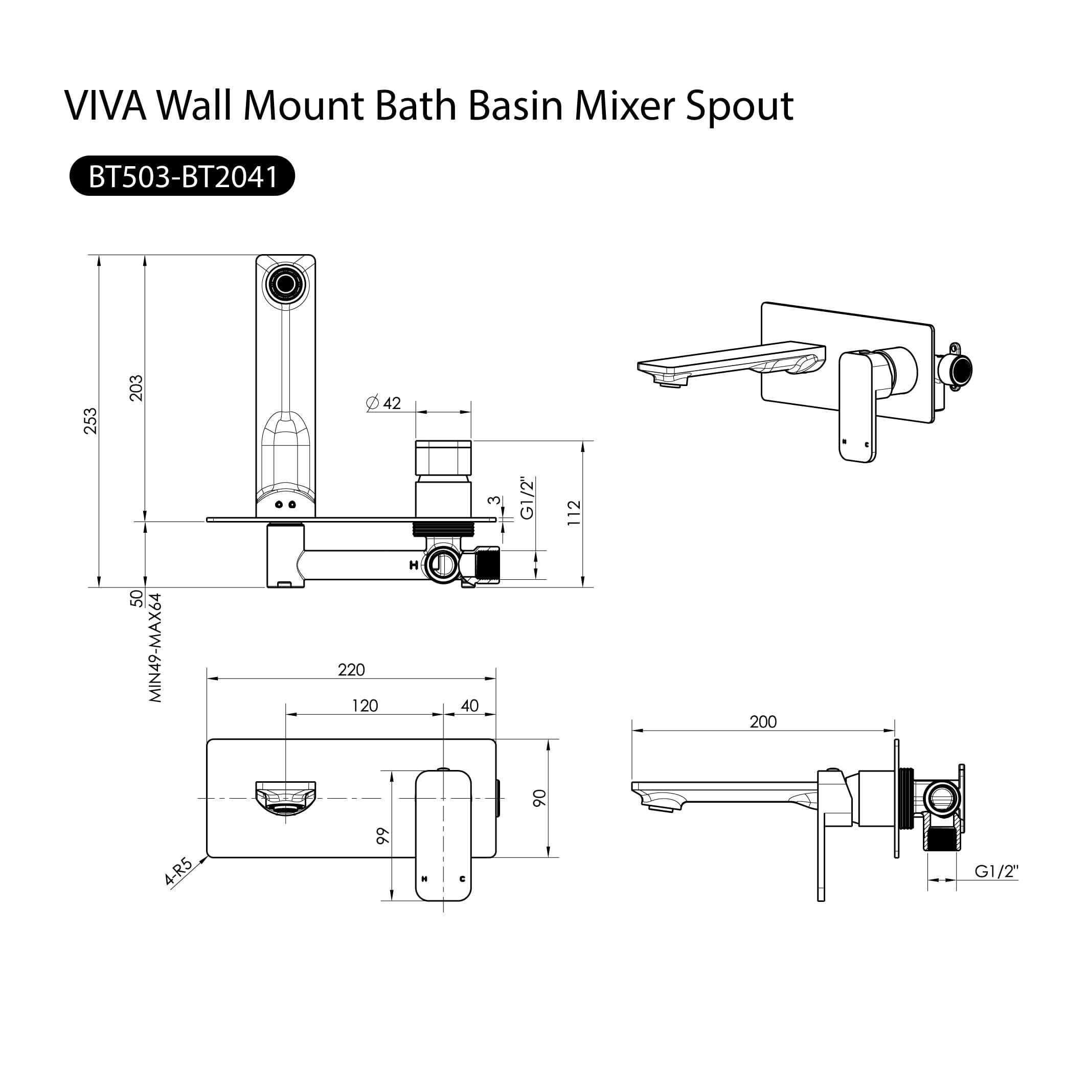 VIVA Wall Mount Bath Basin Mixer Spout Brushed Nickel Tapware Arova