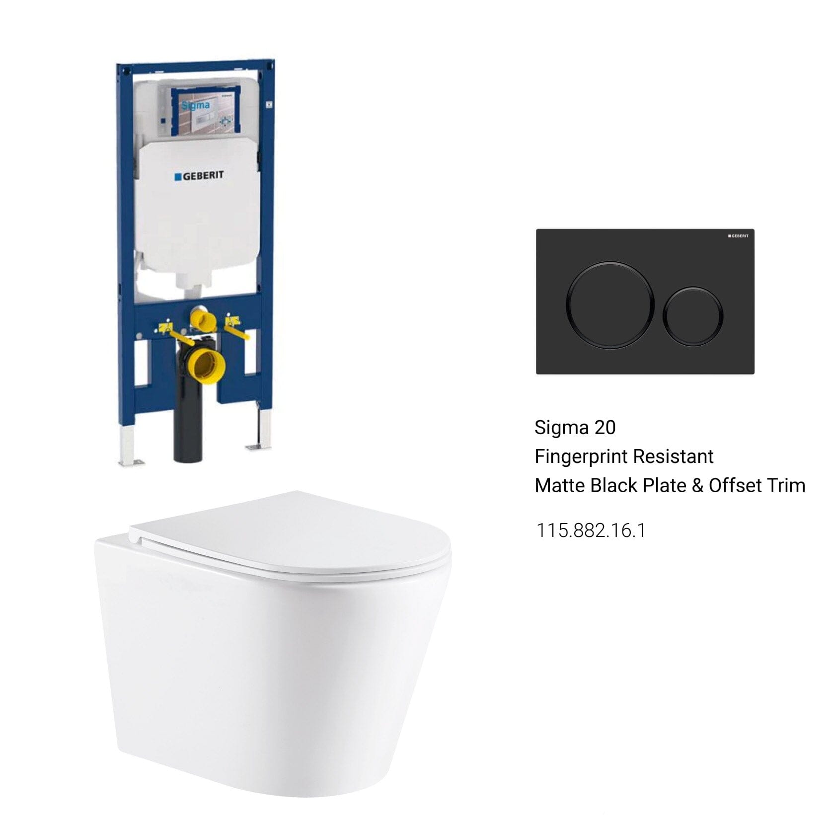 Yara51 Rimless Tornado Wall Hung Toilet Package - Geberit Sigma 8 Duofix In Wall Cistern & Button Toilets Arova Geberit Sigma 8 Duofix In Wall Cistern and Frame - 111.698.00.1 Sigma 20 Fingerprint Resistant Matte Black Plate & Offset Trim-115.882.16.1