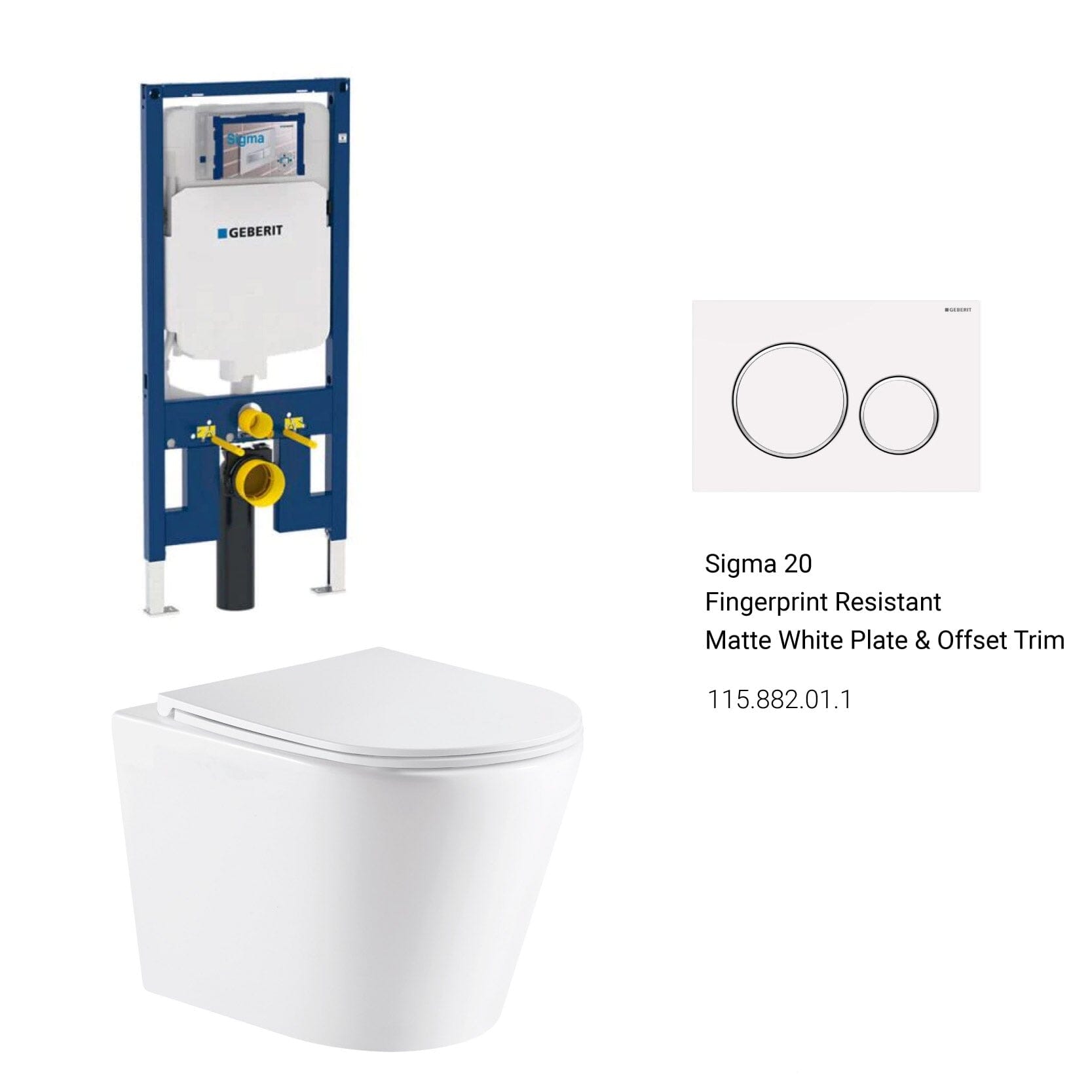 Yara51 Rimless Tornado Wall Hung Toilet Package - Geberit Sigma 8 Duofix In Wall Cistern & Button Toilets Arova Geberit Sigma 8 Duofix In Wall Cistern and Frame - 111.698.00.1 Sigma 20 Fingerprint Resistant Matte White Plate & Offset Trim-115.882.01.1