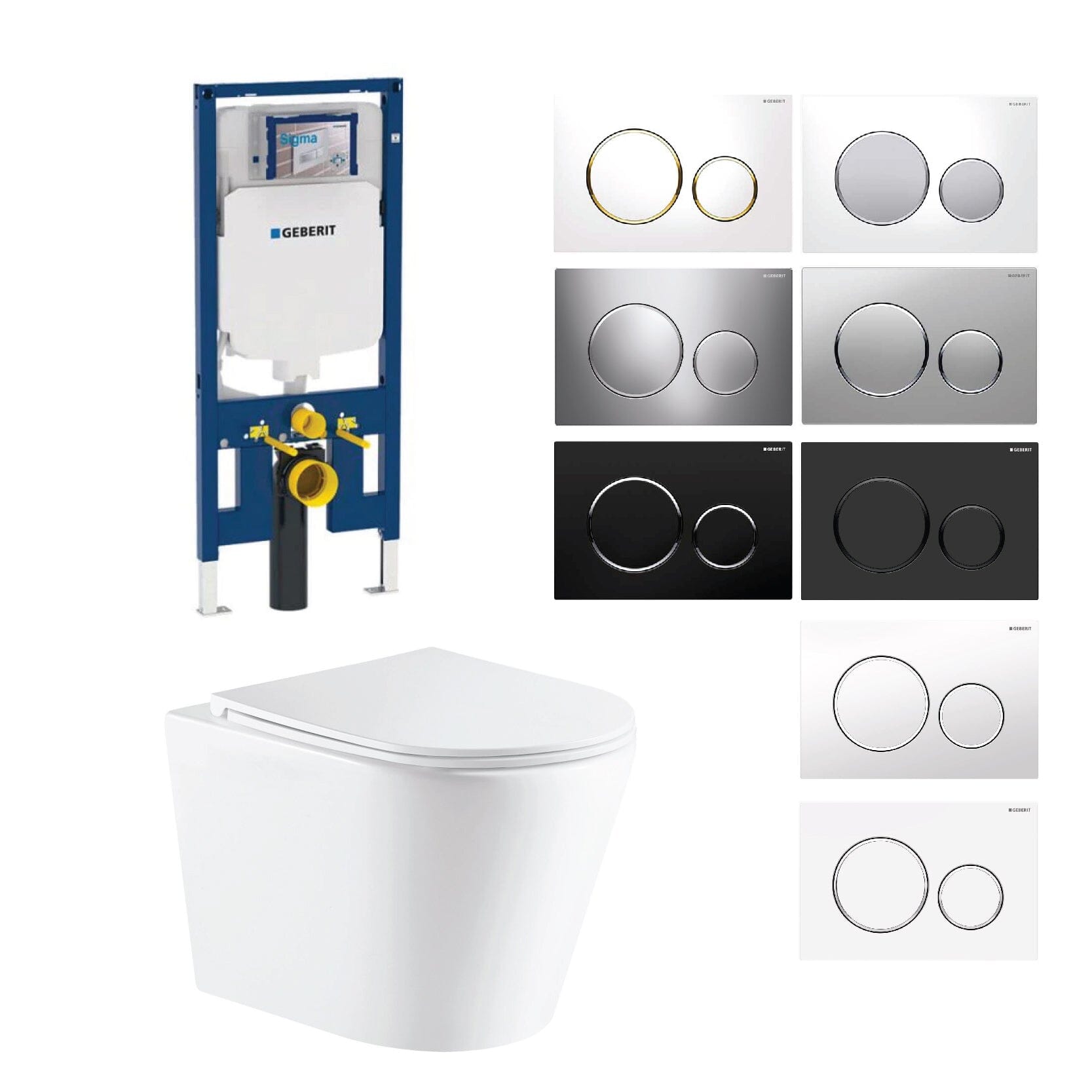 Yara51 Rimless Tornado Wall Hung Toilet Package - Geberit Sigma 8 Duofix In Wall Cistern & Round Button Toilets Arova