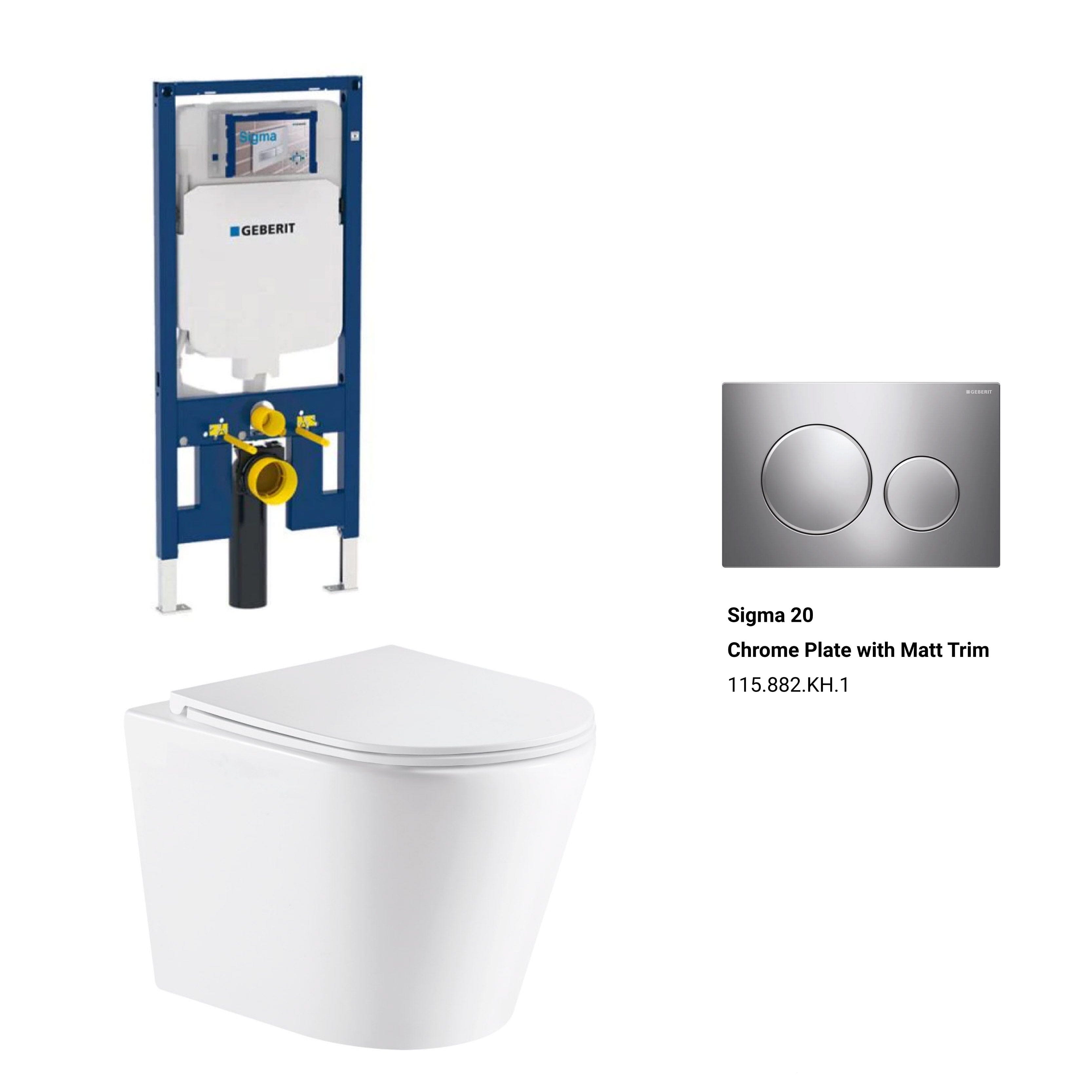 Yara51 Rimless Tornado Wall Hung Toilet Package - Geberit Sigma 8 Duofix In Wall Cistern & Round Button Toilets Arova Geberit Sigma 8 Duofix In Wall Cistern and Frame - 111.698.00.1 Sigma 20 Chrome Plate with Matt Trim-115.882.KH.1