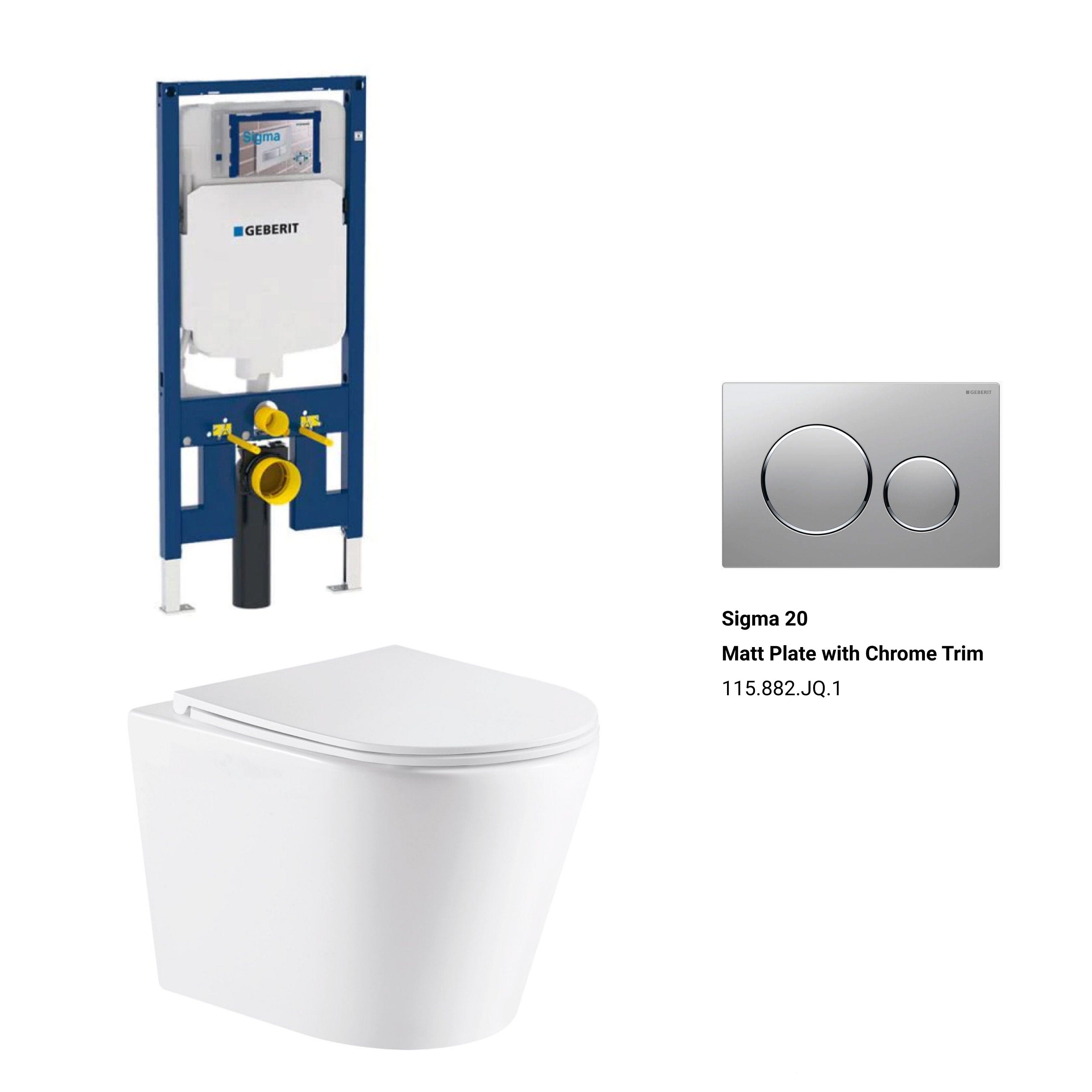 Yara51 Rimless Tornado Wall Hung Toilet Package - Geberit Sigma 8 Duofix In Wall Cistern & Round Button Toilets Arova Geberit Sigma 8 Duofix In Wall Cistern and Frame - 111.698.00.1 Sigma 20 Matt Plate with Chrome Trim-115.882.JQ.1