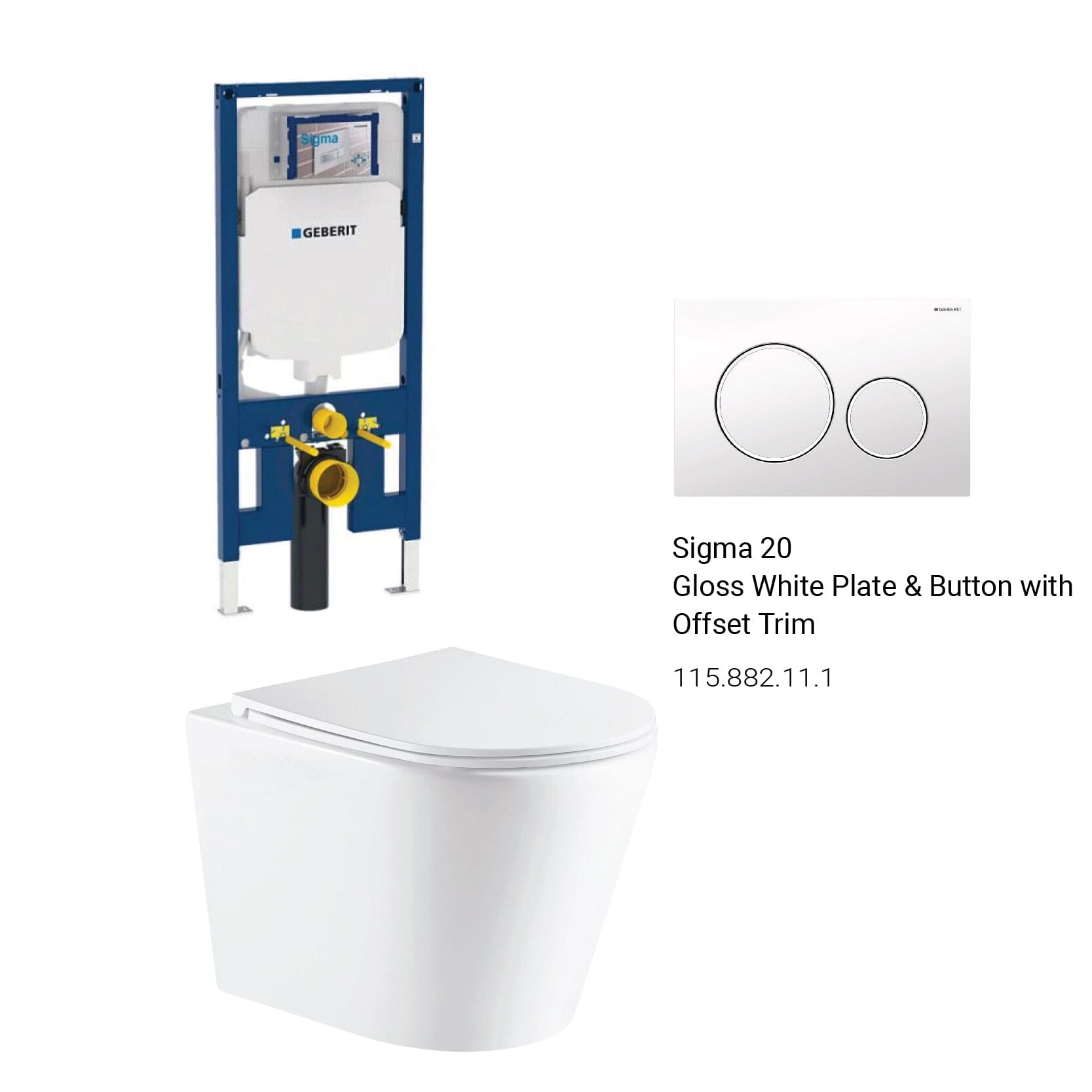 Yara51 Rimless Tornado Wall Hung Toilet Package - Geberit Sigma 8 Duofix In Wall Cistern & Round Button Toilets Arova Gloss white plate & button with offset trim