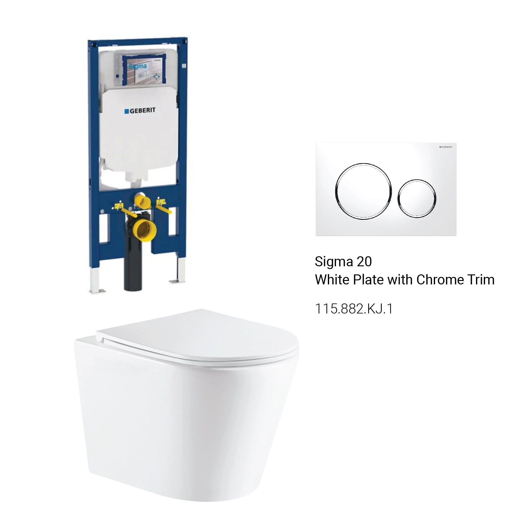 Yara51 Rimless Tornado Wall Hung Toilet Package - Geberit Sigma 8 Duofix In Wall Cistern & Round Button Toilets Arova White plate with chrome trim
