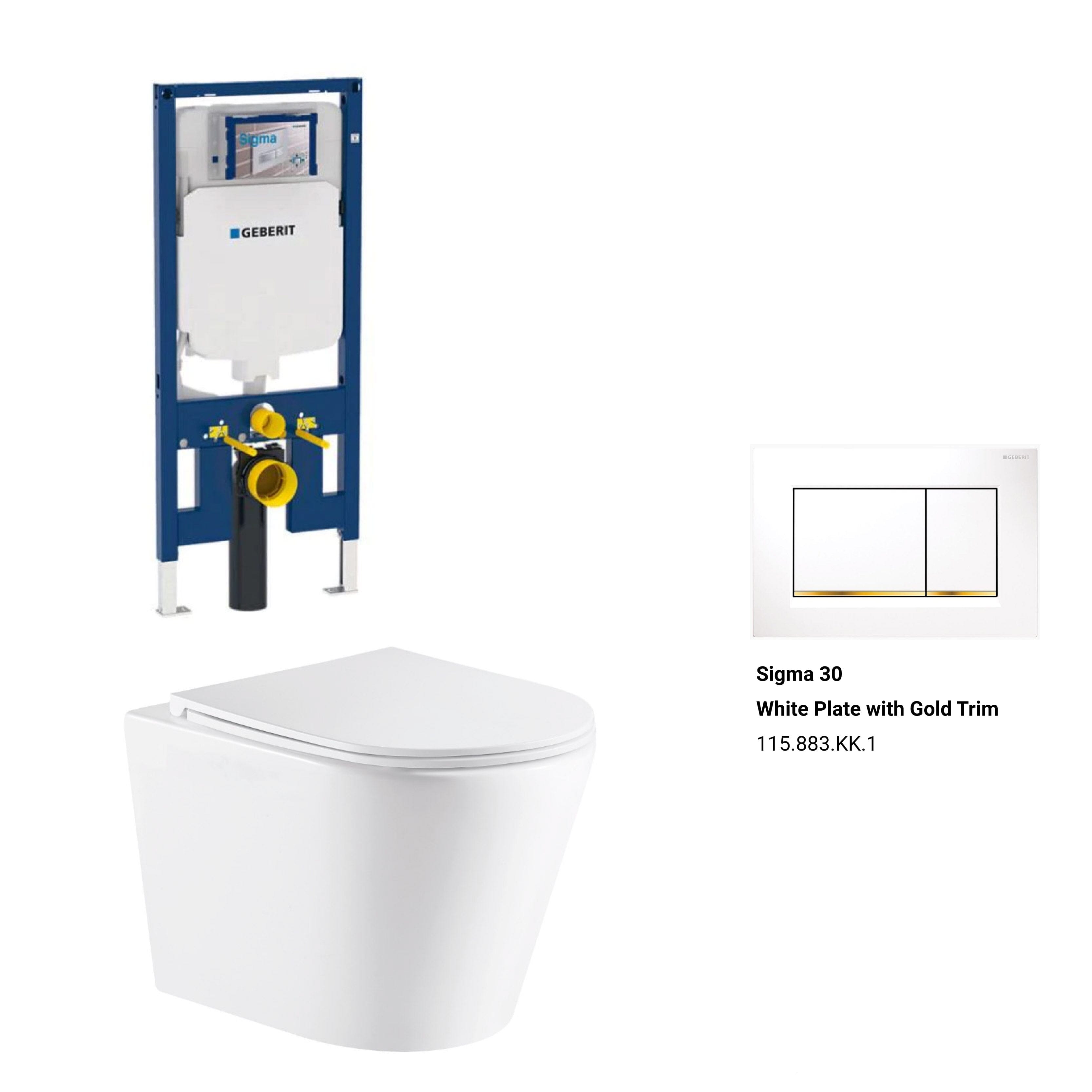 Yara51 Rimless Tornado Wall Hung Toilet Package - Geberit Sigma 8 Duofix In Wall Cistern & Square Button Toilets Arova Geberit Sigma 8 Duofix In Wall Cistern and Frame - 111.698.00.1 Sigma 30 White Plate with Gold Trim-115.883.KK.1