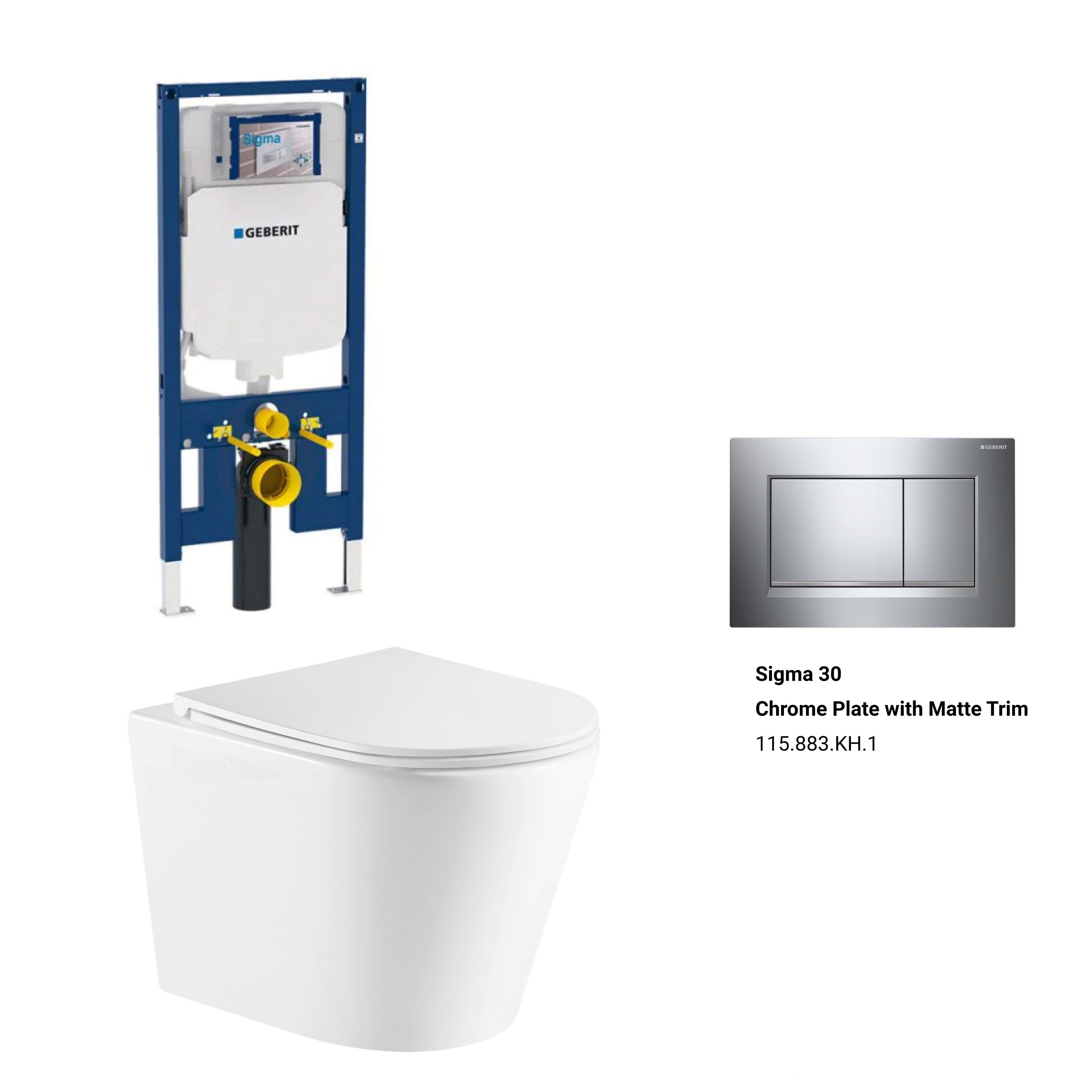 Yara51 Rimless Tornado Wall Hung Toilet Package - Geberit Sigma 8 Duofix In Wall Cistern & Square Button Toilets Arova Geberit Sigma 8 Duofix In Wall Cistern and Frame - 111.698.00.1 Sigma 30 Chrome Plate with Matte Trim-115.883.KH.1