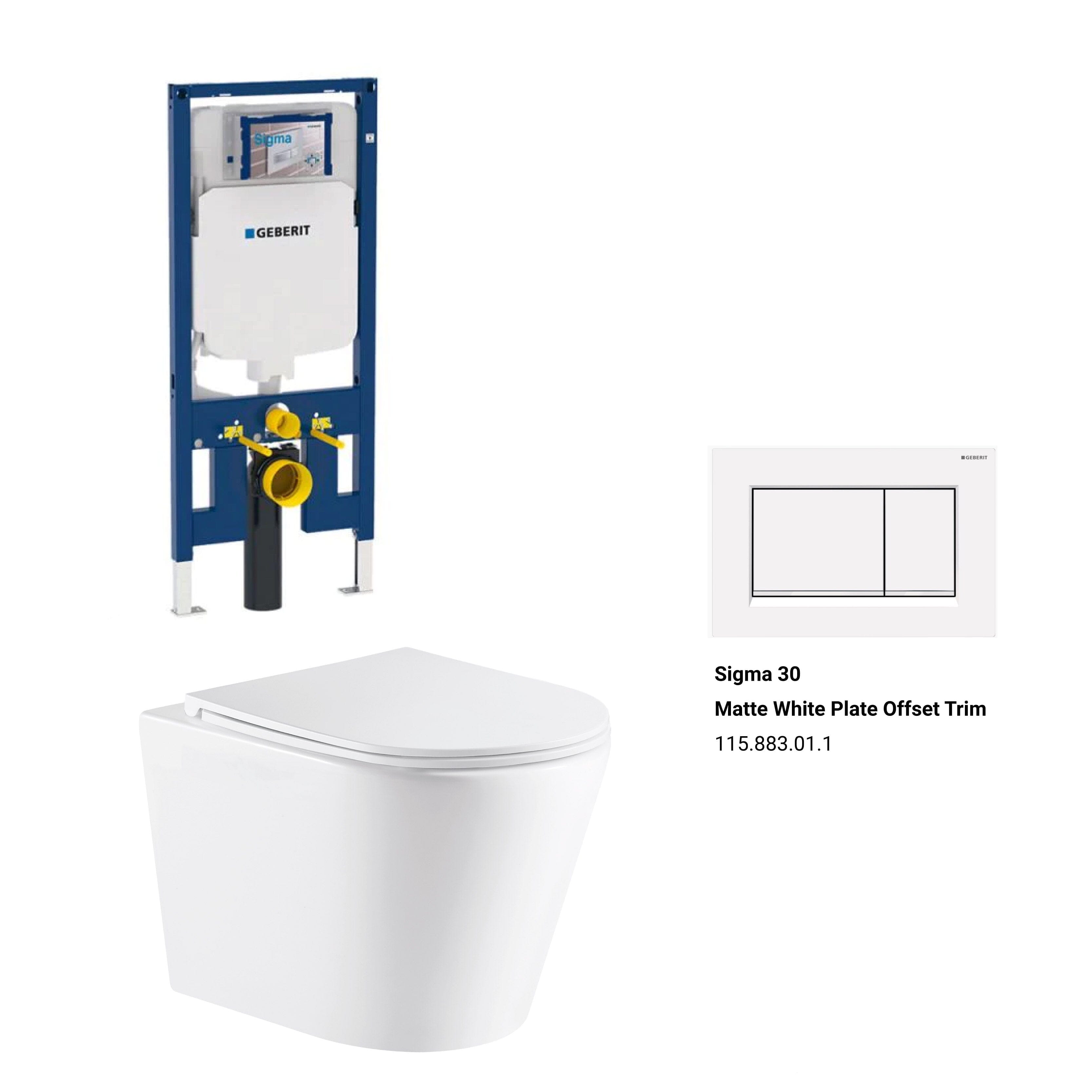 Yara51 Rimless Tornado Wall Hung Toilet Package - Geberit Sigma 8 Duofix In Wall Cistern & Square Button Toilets Arova Geberit Sigma 8 Duofix In Wall Cistern and Frame - 111.698.00.1 Sigma 30 Matte White Plate Offset Trim-115.883.01.1