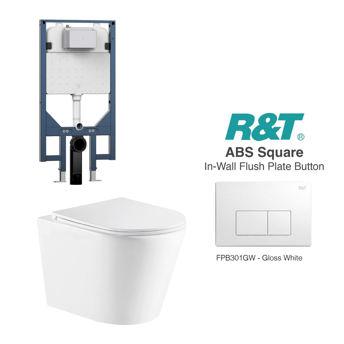 Yara51 Rimless Tornado Wall Hung Toilet Package - R&T Cistern & ABS Square Button Arova Yara51 Wall Hung Toilet Pan CST003 - R&T In Wall Toilet Cistern Gloss White