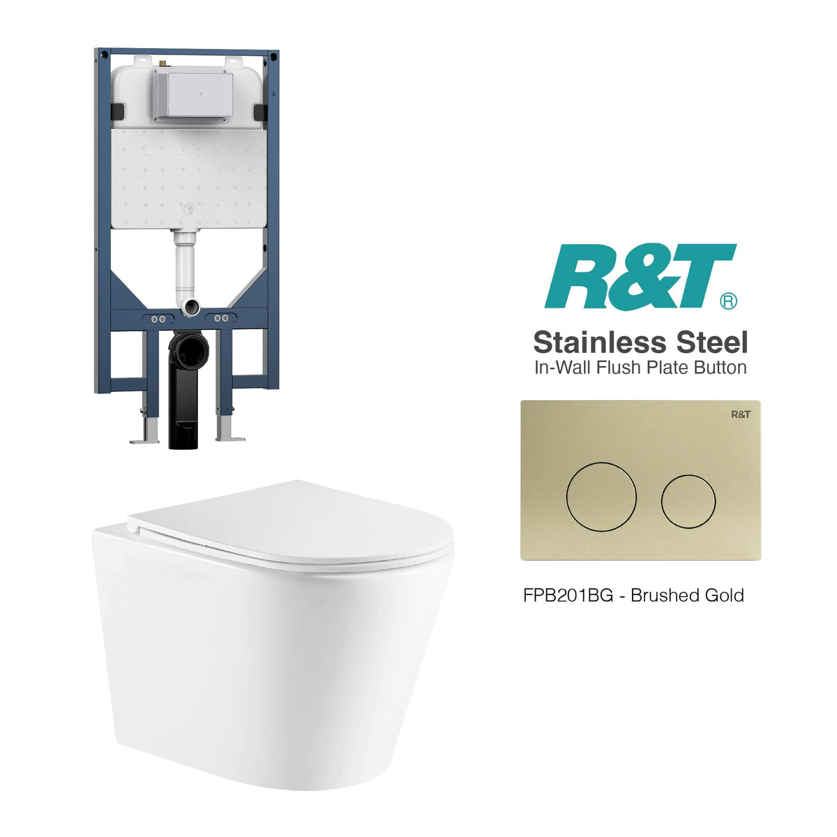 Yara51 Rimless Tornado Wall Hung Toilet Package - R&T Cistern & Stainless Steel Button Arova Yara51 Wall Hung Toilet Pan CST003 - R&T In Wall Toilet Cistern Brushed Gold