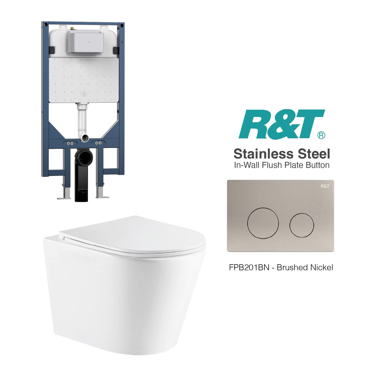 Yara51 Rimless Tornado Wall Hung Toilet Package - R&T Cistern & Stainless Steel Button Arova Yara51 Wall Hung Toilet Pan CST003 - R&T In Wall Toilet Cistern Brushed Nickel