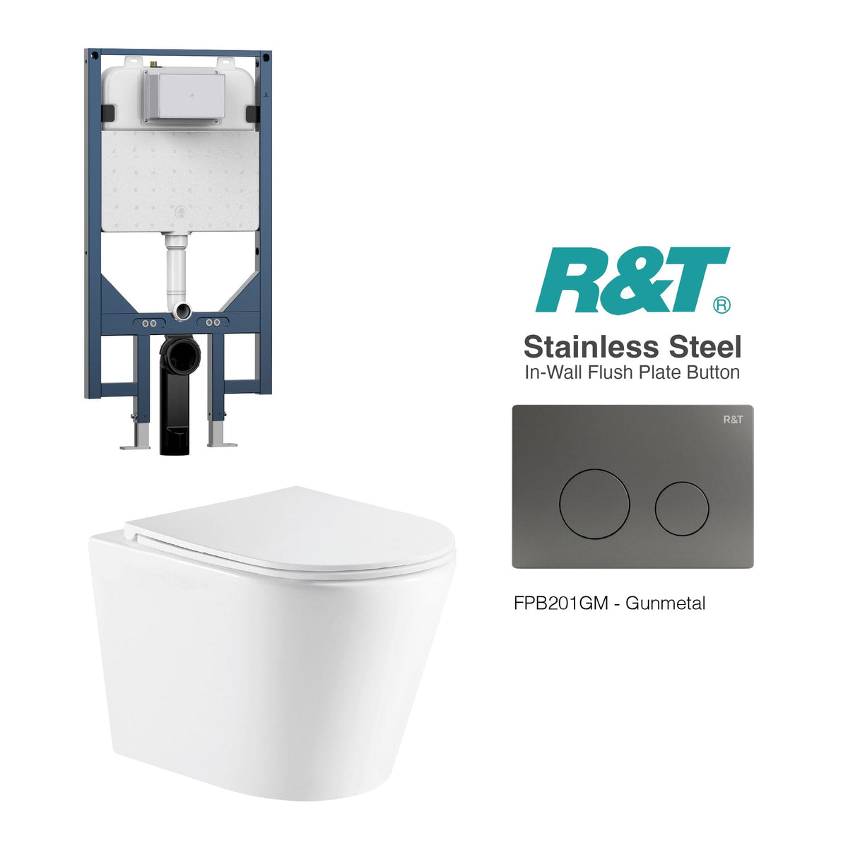 Yara51 Rimless Tornado Wall Hung Toilet Package - R&T Cistern & Stainless Steel Button Arova Yara51 Wall Hung Toilet Pan CST003 - R&T In Wall Toilet Cistern Gunmetal