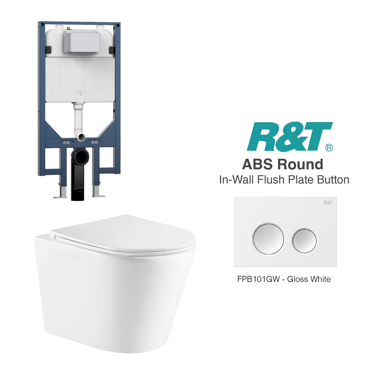 Yara51 Wall Hung Rimless Tornado Toilet Package - R&T Cistern & ABS Round Button Arova Yara51 Wall Hung Toilet Pan CST003 - R&T In Wall Toilet Cistern Gloss White
