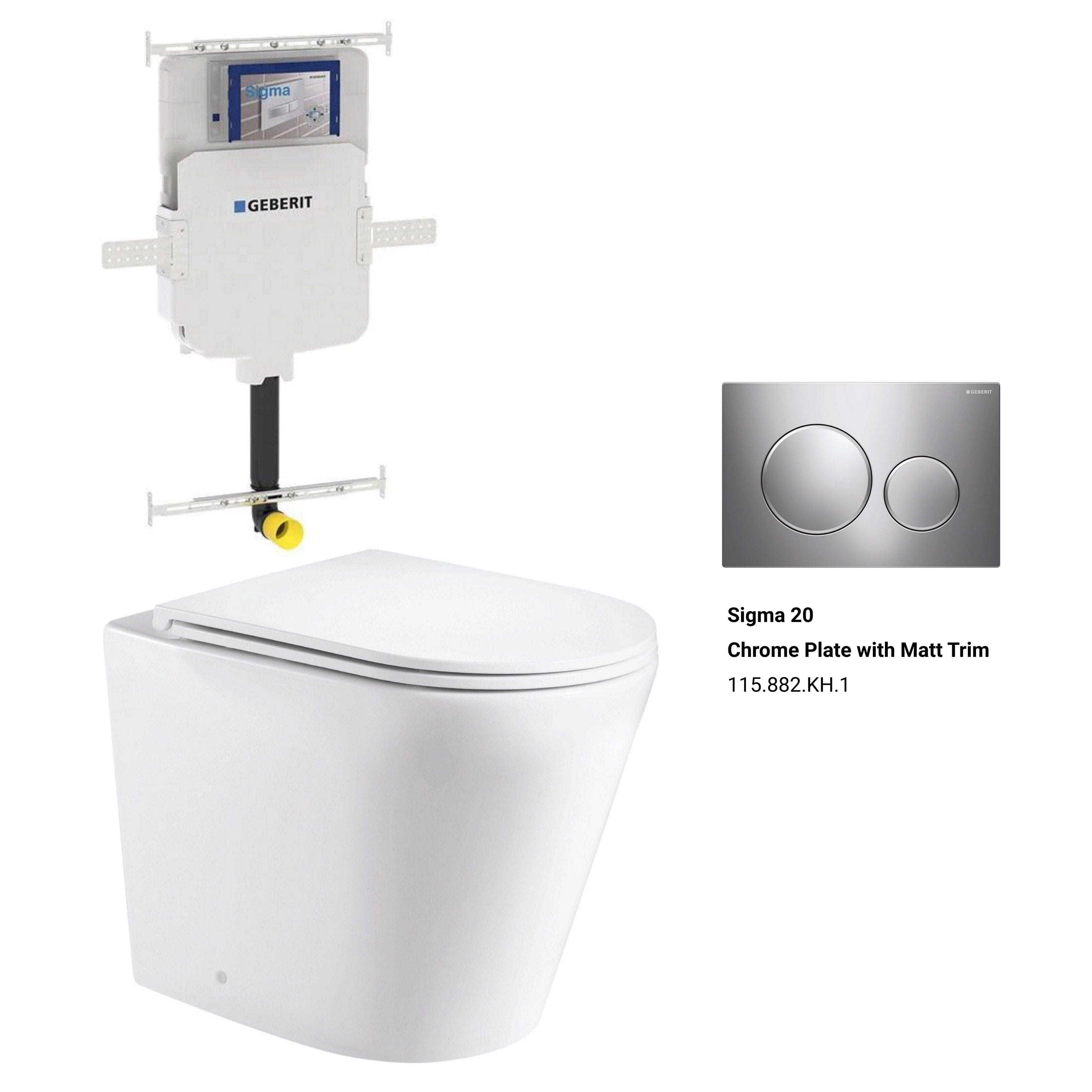 Yara58 Rimless Tornado Floor Mount Toilet Package - Geberit Sigma 8 Cistern & Round Button AROVA Chrome plate with matt trim