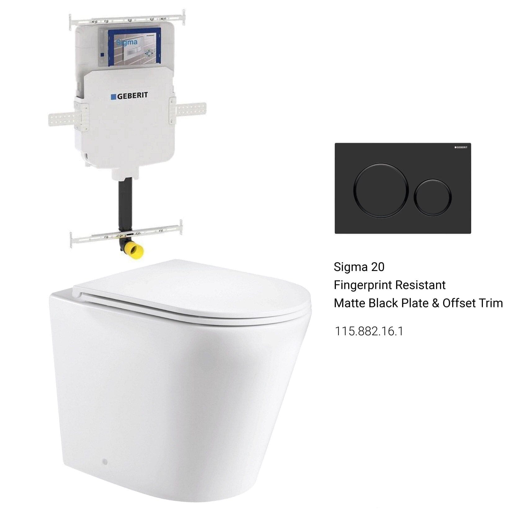 Yara58 Rimless Tornado Floor Mount Toilet Package - Geberit Sigma 8 Cistern & Round Button AROVA Fingerprint-resistant matt black plate & button with offset trim