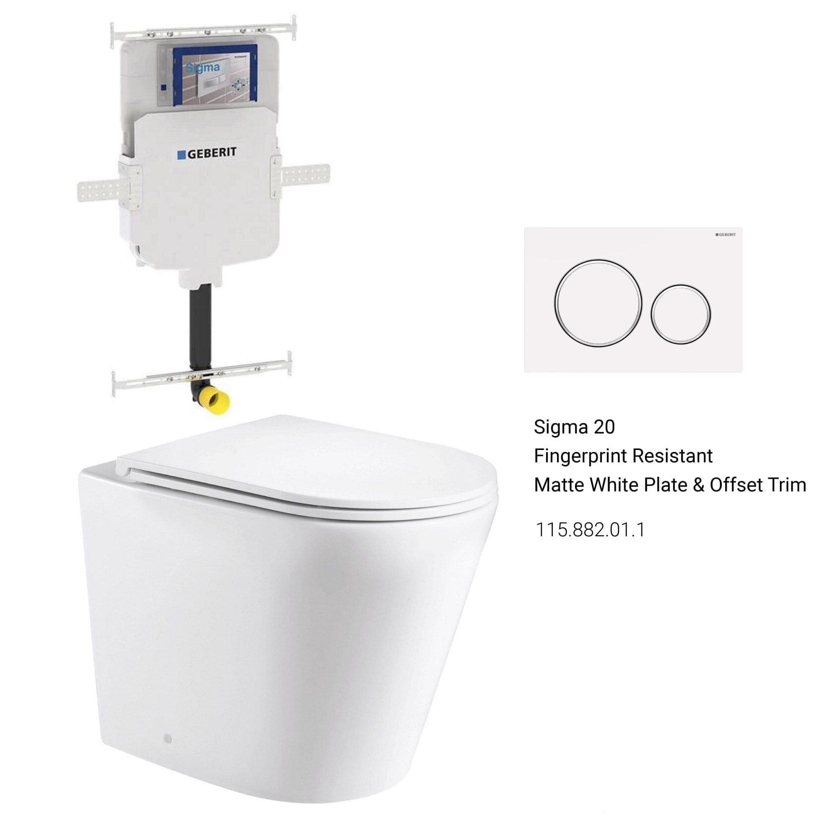 Yara58 Rimless Tornado Floor Mount Toilet Package - Geberit Sigma 8 Cistern & Round Button AROVA Fingerprint-resistant matt white plate & button with offset trim