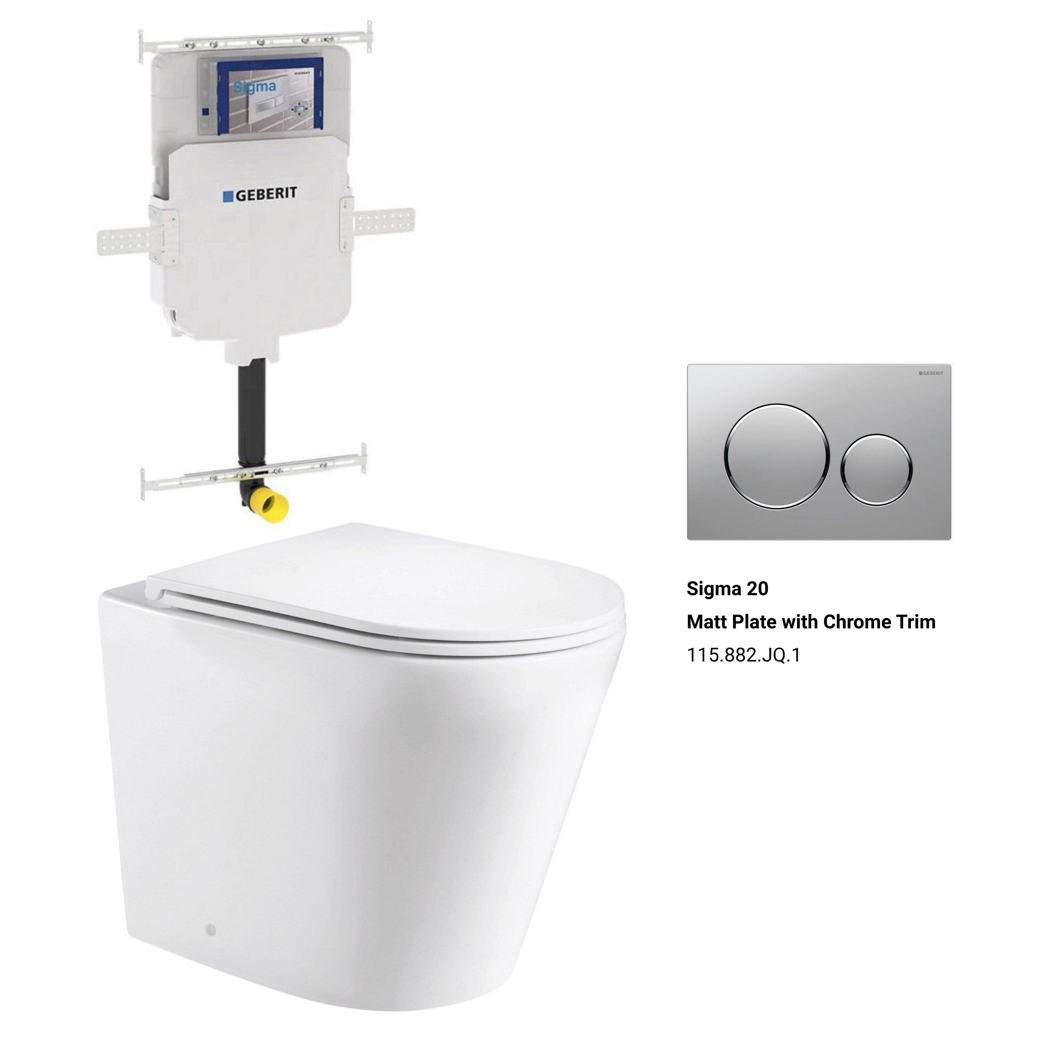 Yara58 Rimless Tornado Floor Mount Toilet Package - Geberit Sigma 8 Cistern & Round Button AROVA Matt plate with chrome trim