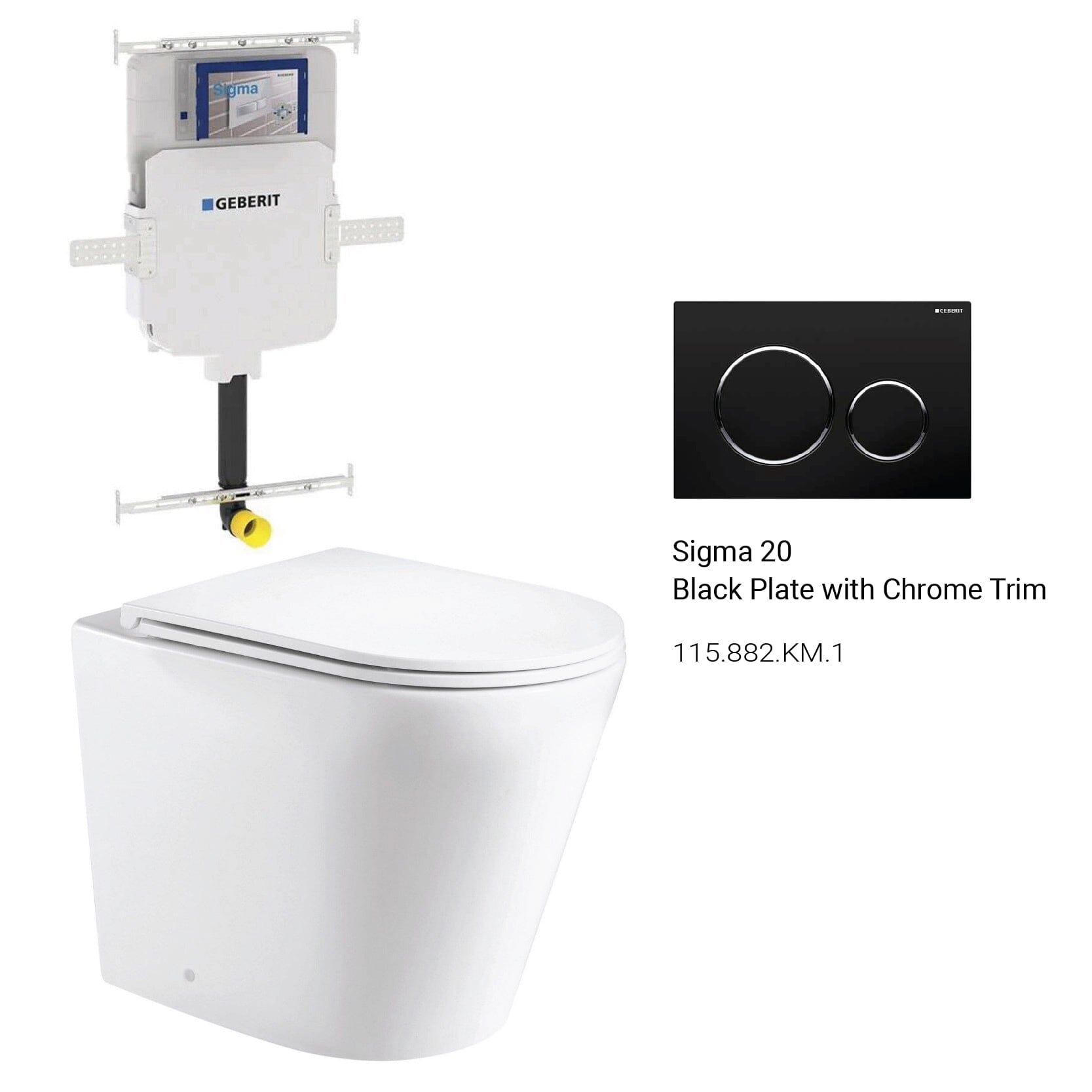 Yara58 Rimless Tornado Floor Mount Toilet Package - Geberit Sigma 8 Cistern & Round Button Toilets Arova Black plate with chrome trim